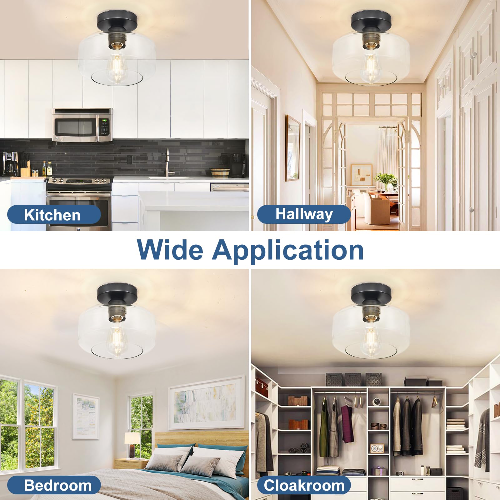 Industrial Semi Flush Mount Ceiling Light: Black Kitchen Lighting Fixtures Ceiling With Clear Glass - Vintage Hallway Light Fixt