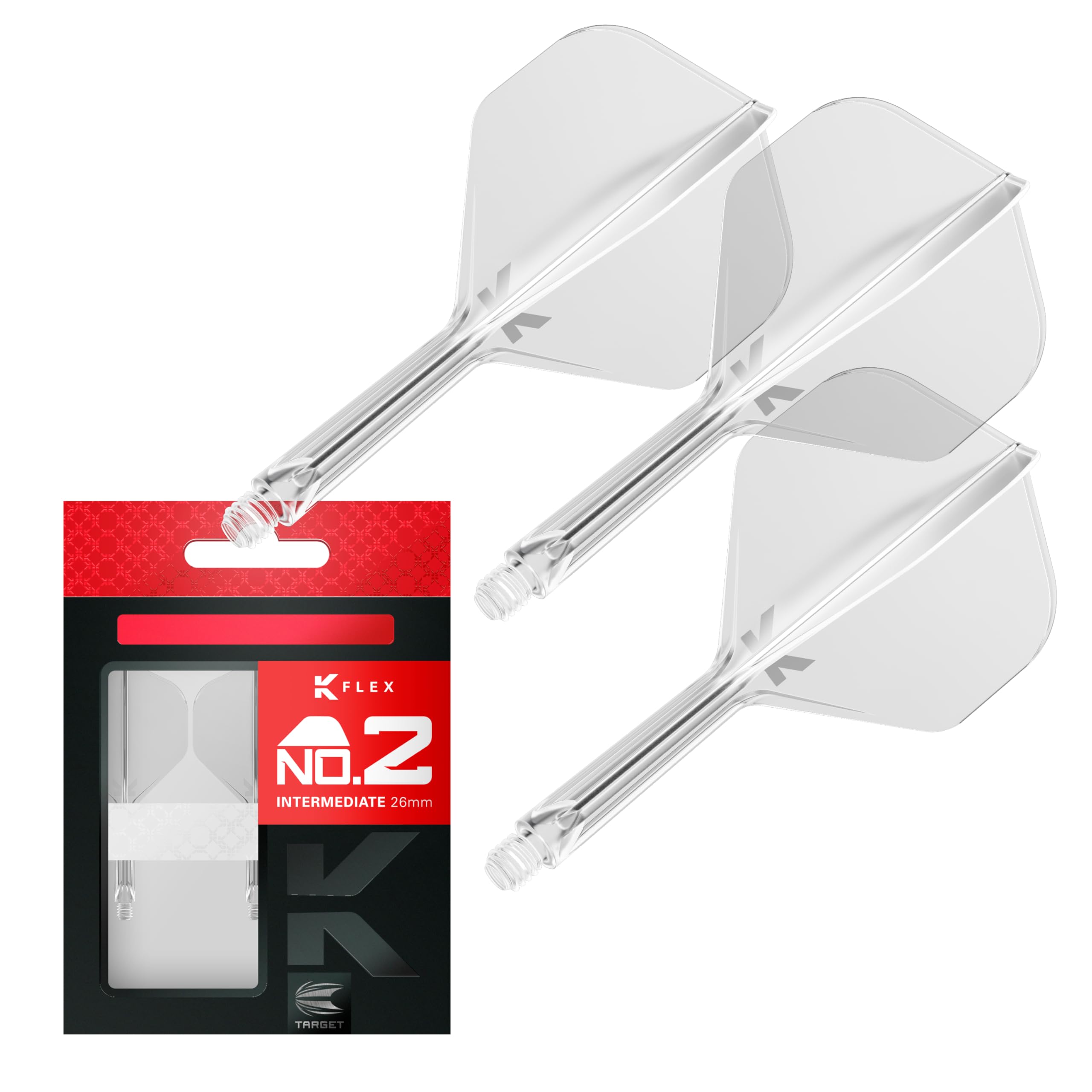 Target Darts K Flex Integrated Dart Flights and Shafts, Intermediate 26mm, Clear, Model taf1428, Pack of 3