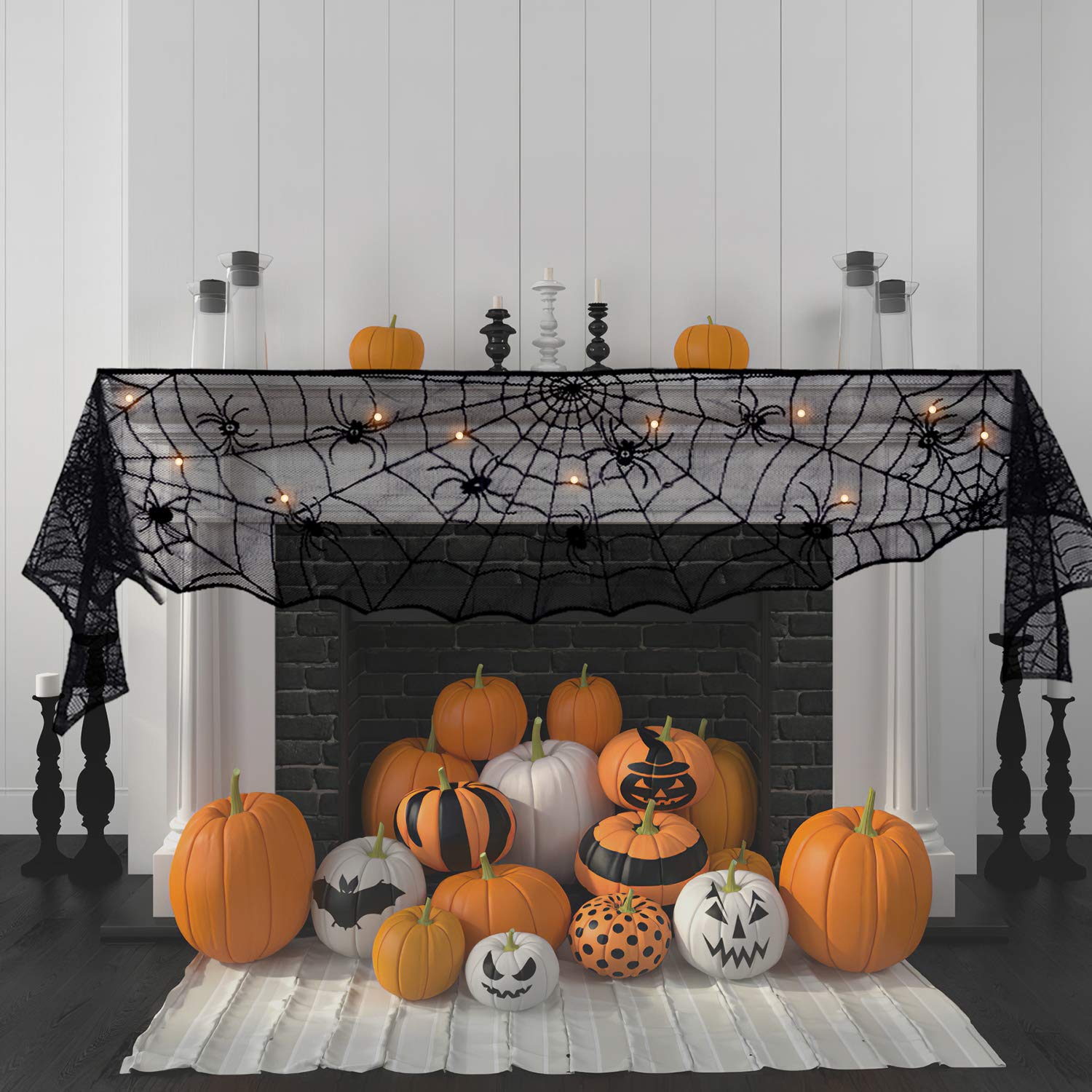 Fun Little Toys Halloween Decorations Indoor - Halloween Mantel With String Lights Lace Spiderweb Halloween Decor Inside For Home Party Supplies (18 X 96 Inch)