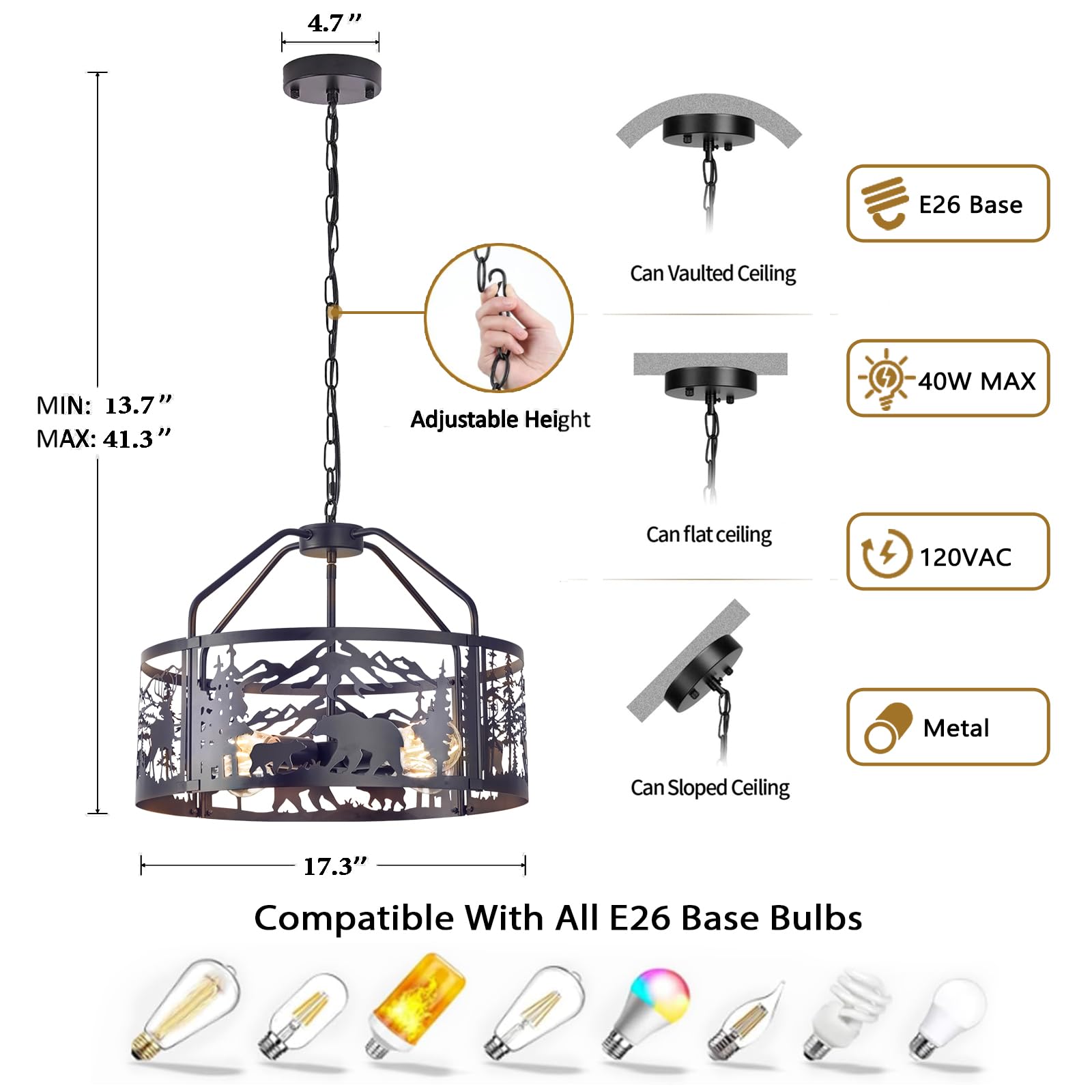 Monyohame Rustic Ceiling Light Fixture - 4 Light Metal Chandelier, Adjustable Height, Deer & Bear Design, Perfect for Kitchen & Living Room