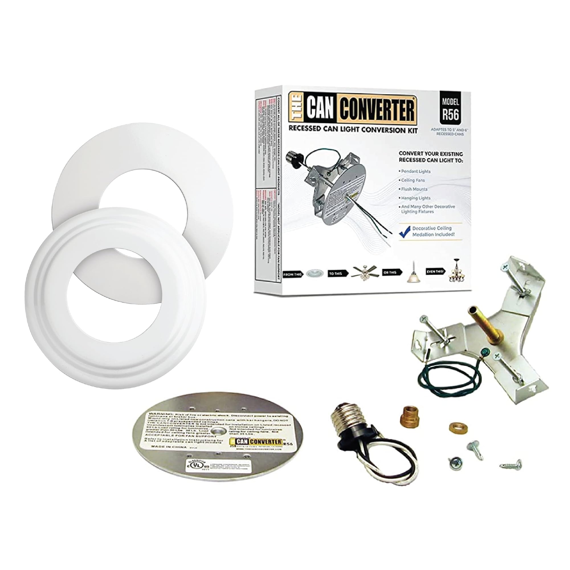 The Can Converter - R56, Complete Recessed Can Light Conversion Kit, For Ceiling Light Fixture, Pendant Light, Hanging Light, Ceiling Fan, With 7’¾ Beveled & Flat, Steel, Ceiling Medallion, White