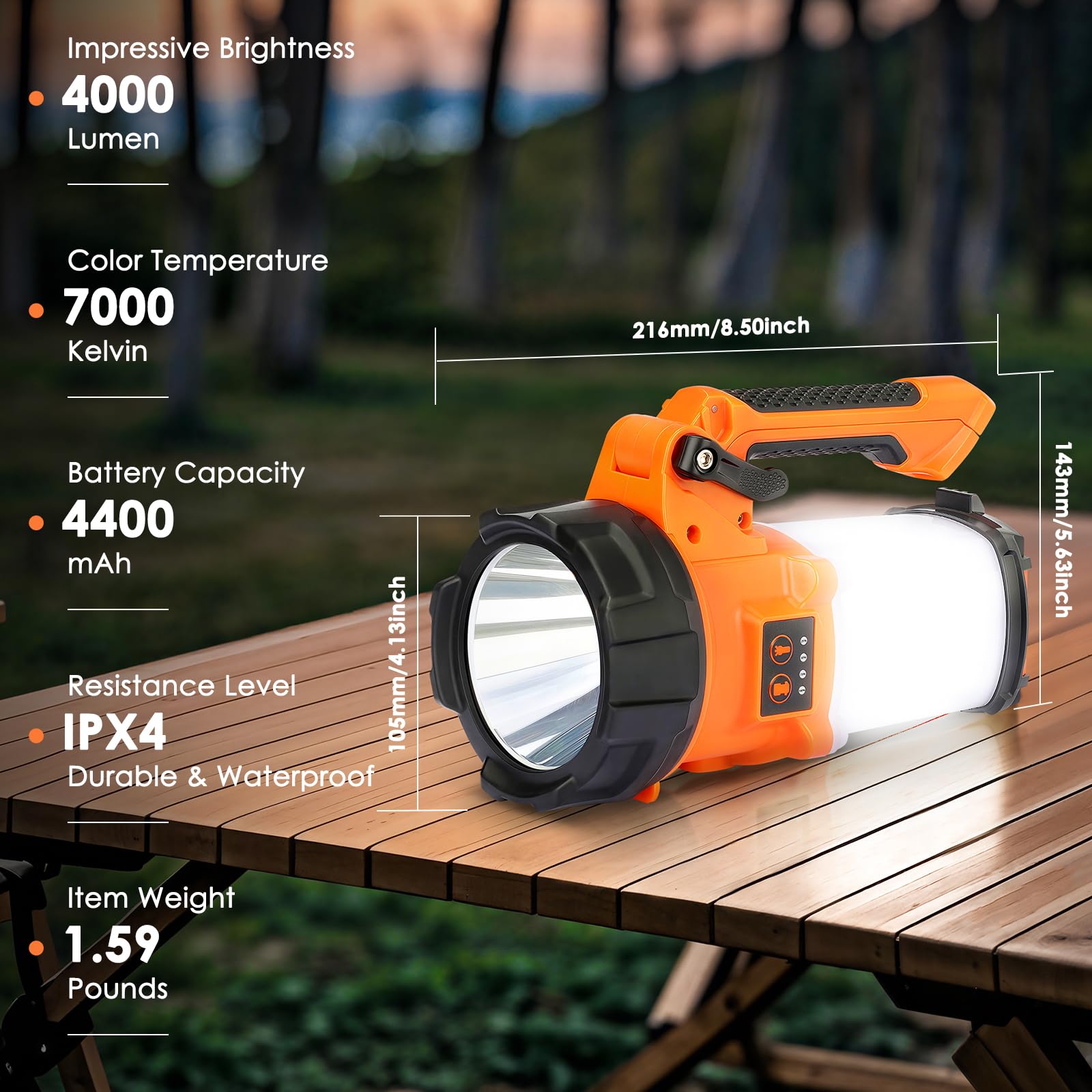 Bobkid Tripod Rechargeable Camping Lantern, 6 Modes Led Flashlight Handheld Spotlight With 4000Lm, 4400Mah Power Bank, Ipx4 Wate