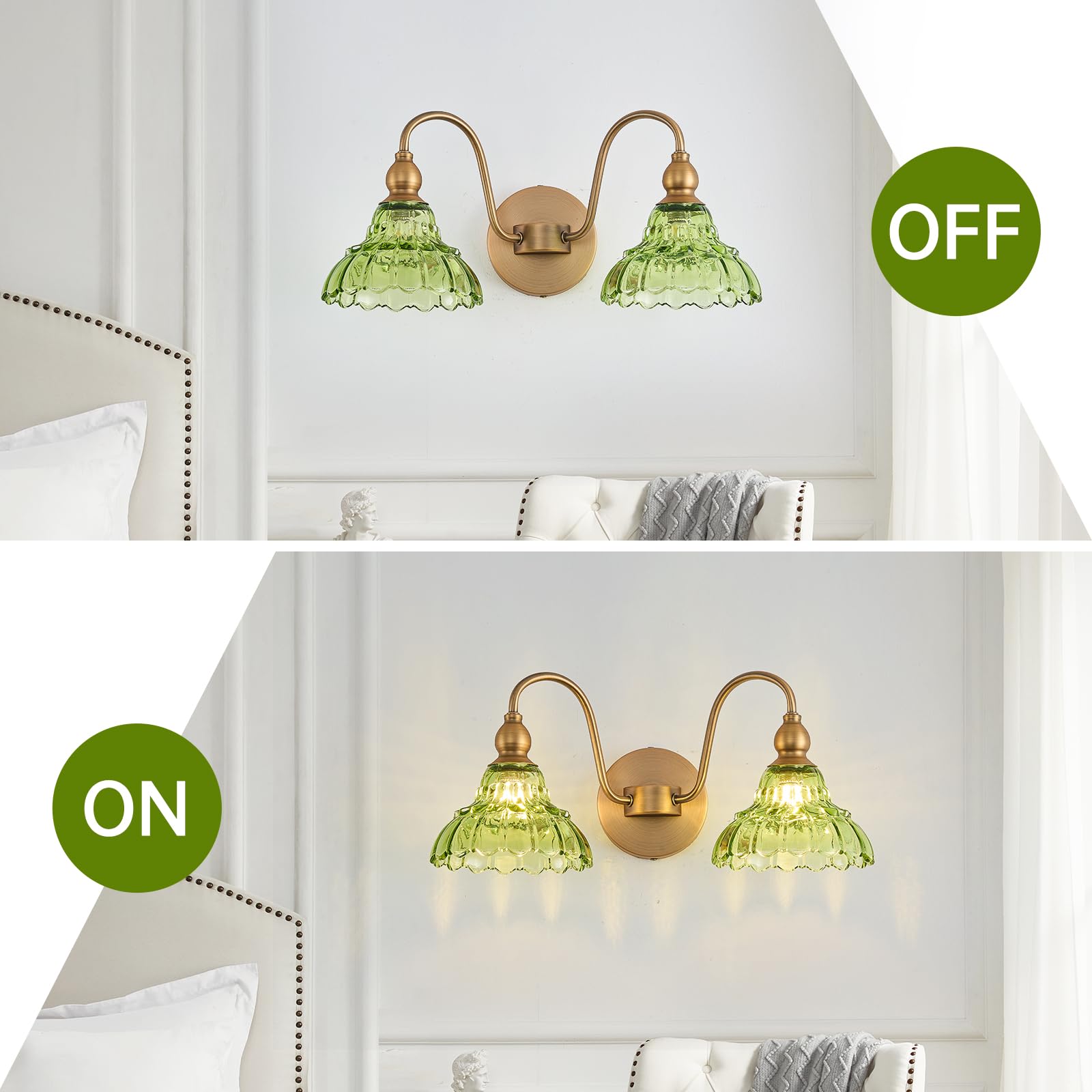 TLOLGT Vintage 2-Light Bathroom Vanity Light, Green Glass Wall Sconces, Model LS178-2, Perfect for Bathroom & Hallway Lighting