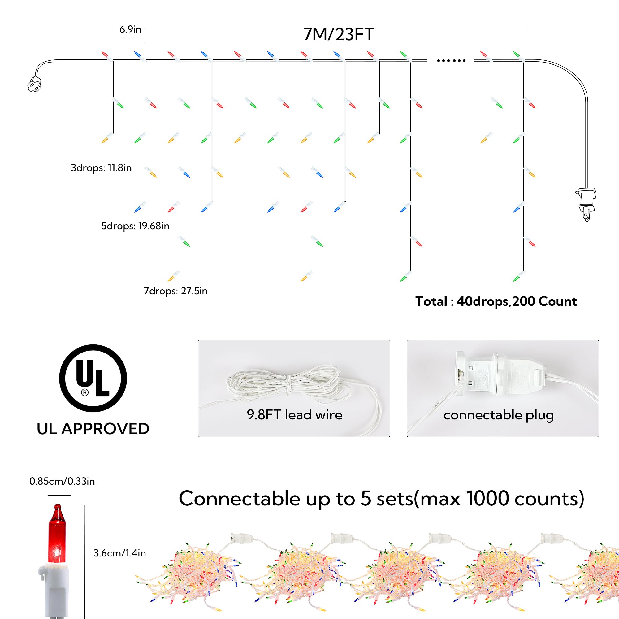 Beewin Icicle Christmas Lights Outdoor,23Ft 200 Count Multicolor Icicle Lights Indoor With White Wire,Waterproof Connectable Ici
