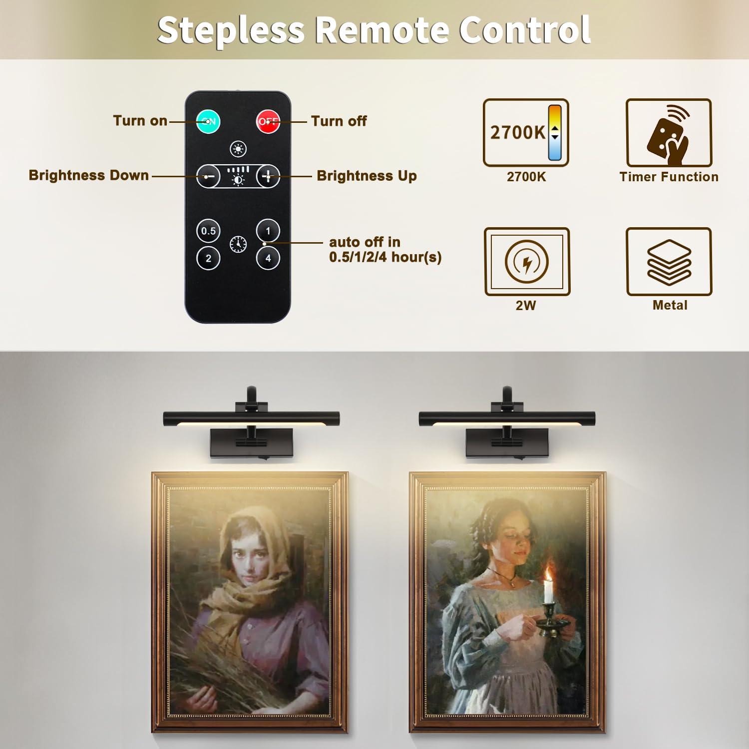 Desoop Battery Operated Picture Lights For Wall Black Art Light Wireless Gallery Lights With Timer And Remote 12 Inch 2W Warm Wh