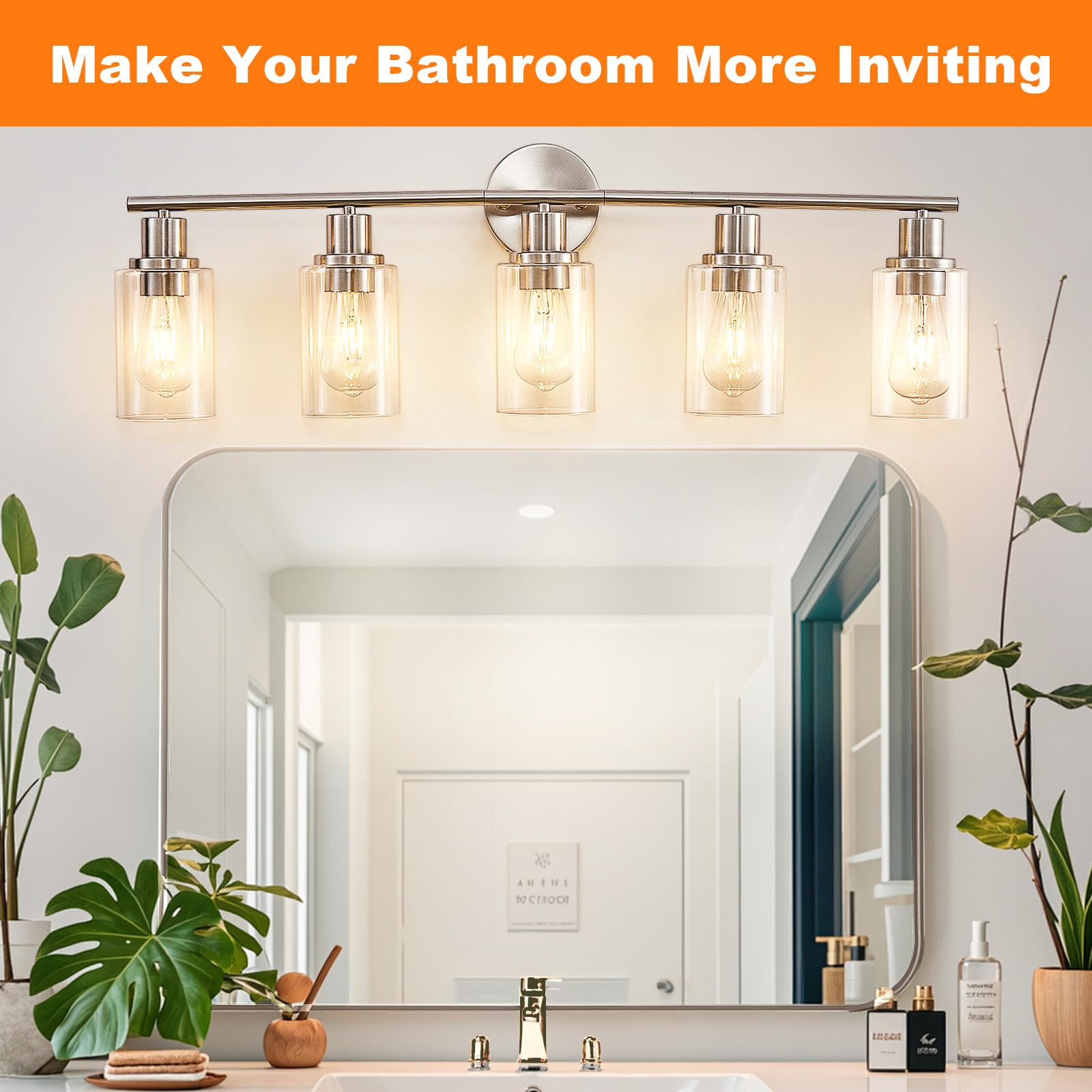 DINGLILIGHTING 5-Light Bathroom Light Fixtures, Brushed Nickel, Metal, Clear Glass Shade, Modern Vanity Lights for Mirror, Kitchen, Hallway