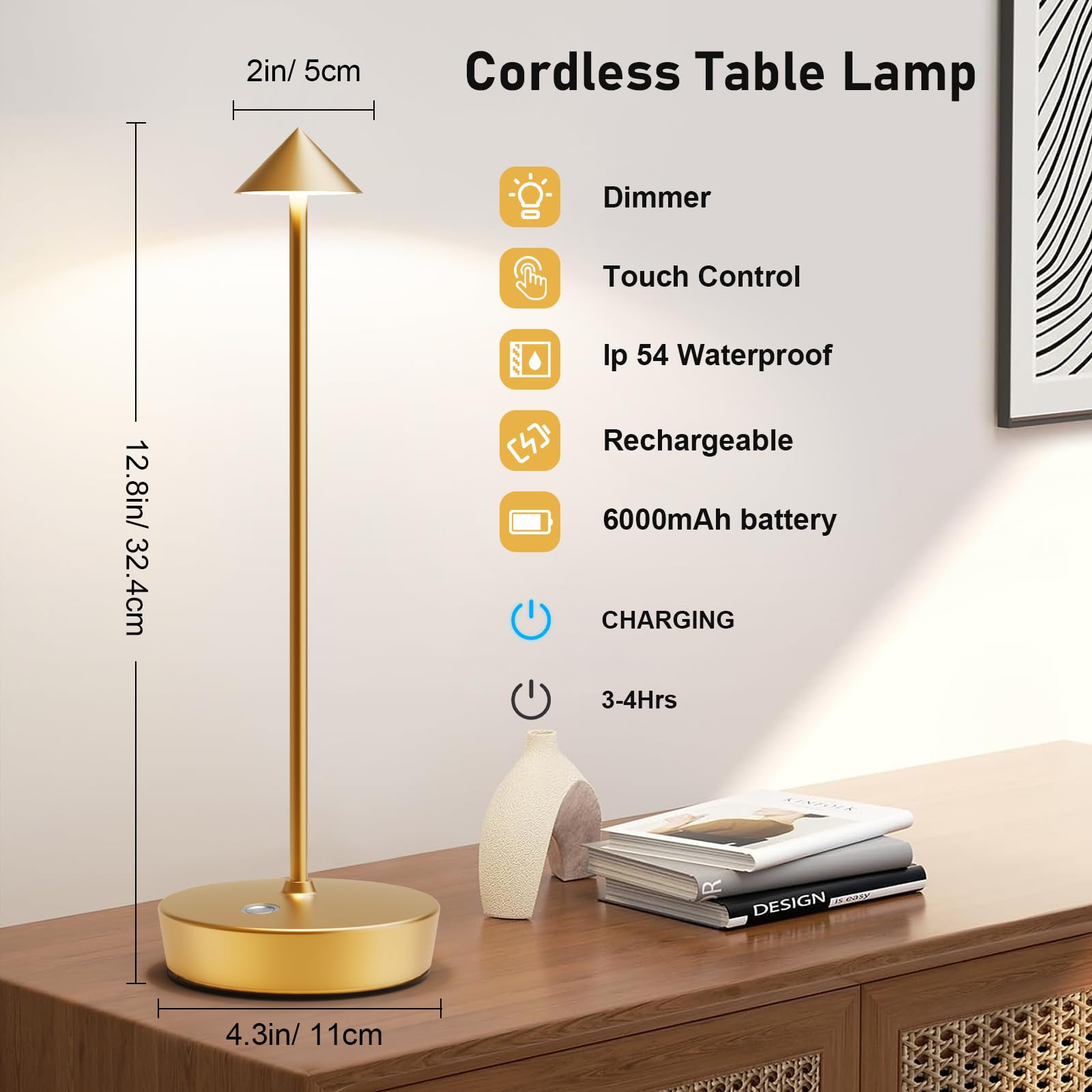 Tpczqj Rechargeable Cordless Table Lamp, 6000mAh LED, Touch 3 Color Dimming, 2Pack, Gold