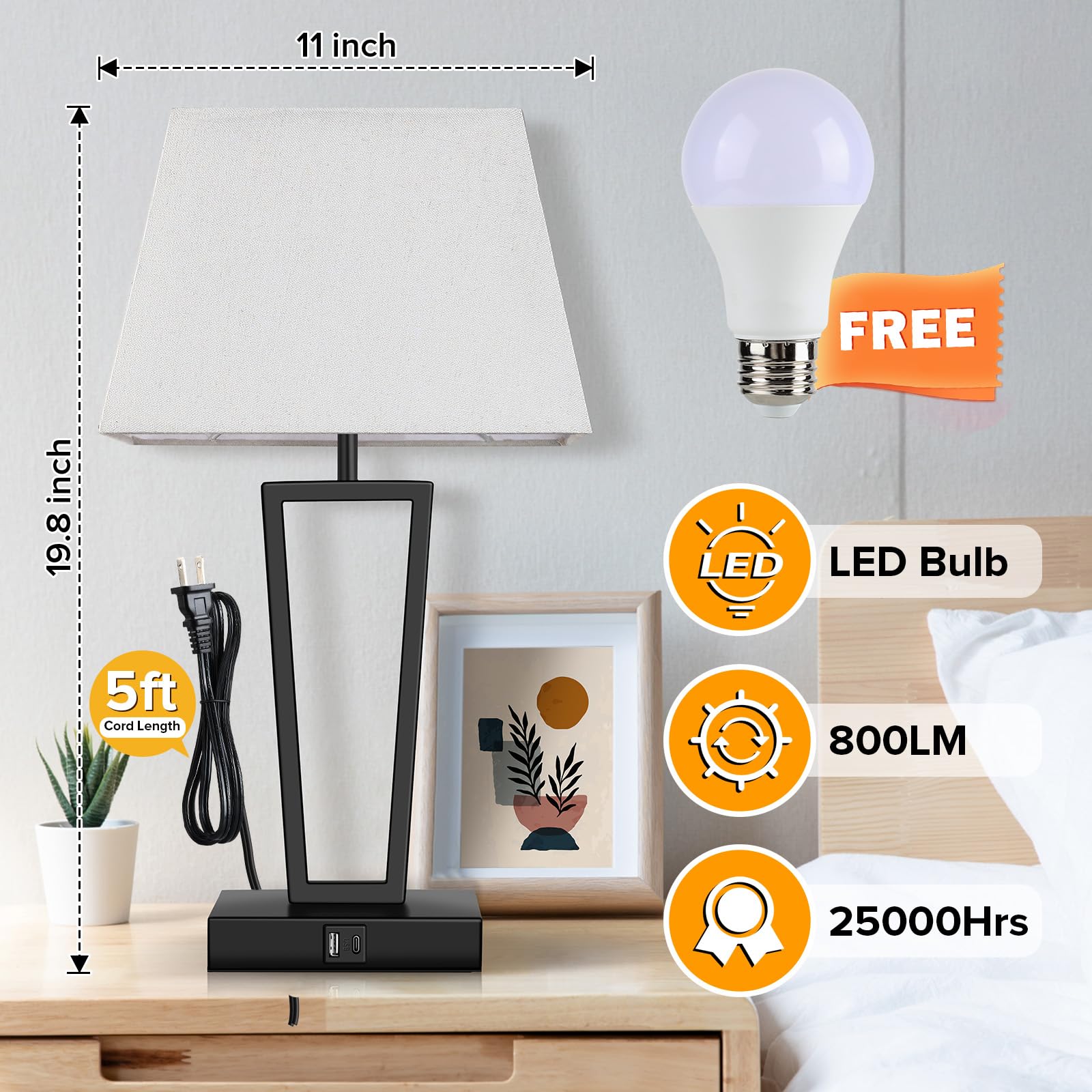 LEDIKON Touch Bedside Lamps Set of 2, 3-Way Dimmable Table Lamps with USB-C & USB-A Ports and LED Bulbs, Modern Black Nightstand