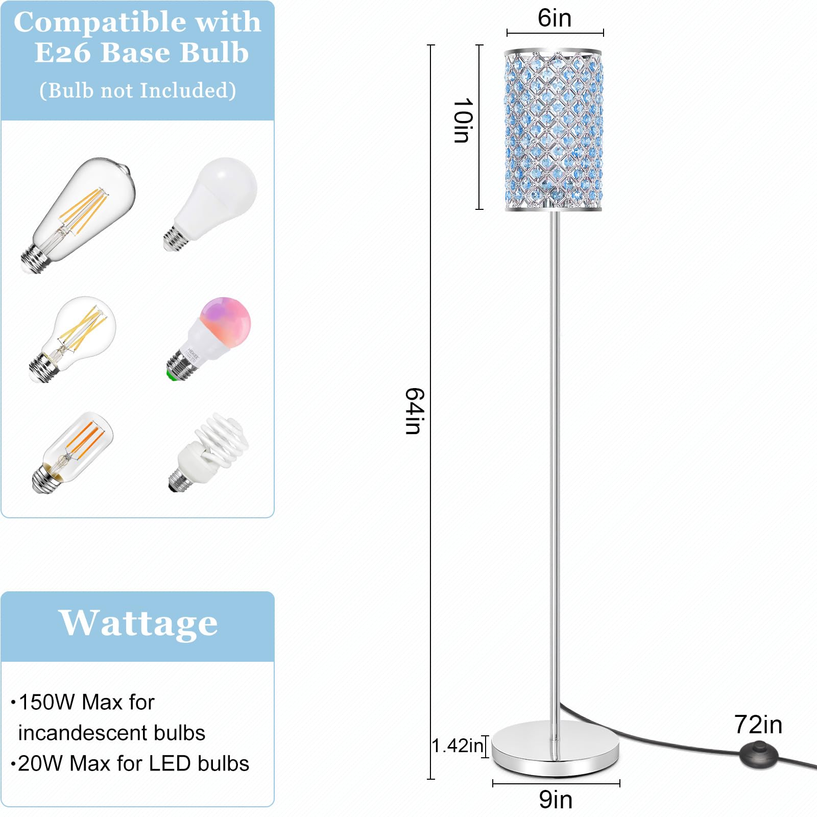 Floor Lamp For Living Room, Crystal Floor Lamp Girl Bedroom Lights, Silver Standing Lamps With Teal Shade, Elegant Standing Ligh