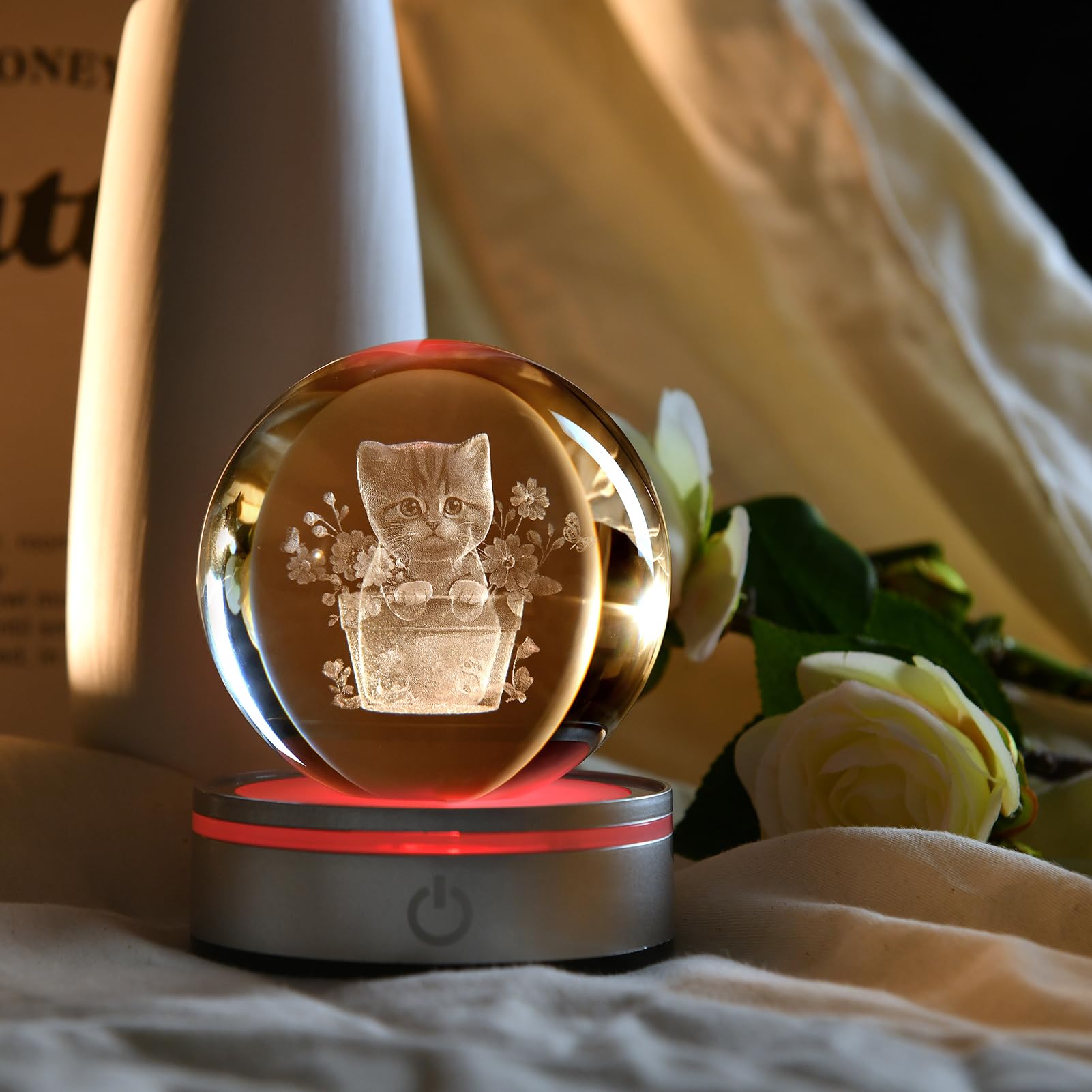 Ifolaina 3D Cat Crystal Ball 3D Flower Pot Cat Figurines Night Light Cat Lover Gifts For Women Home Decor Cat Collectibles Snow