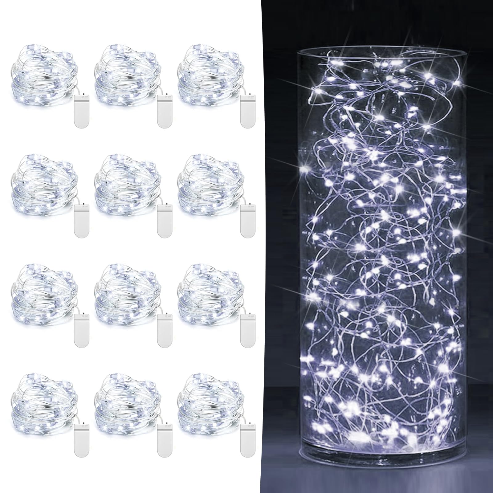 12 Pack Fairy Lights Battery Operated 7ft 20 LED Mini String Lights Twinkle Lights Silver Wire Firefly Starry Lights for Mason Jars Wedding Party Christmas Centerpiece Table Decorations, Cool White