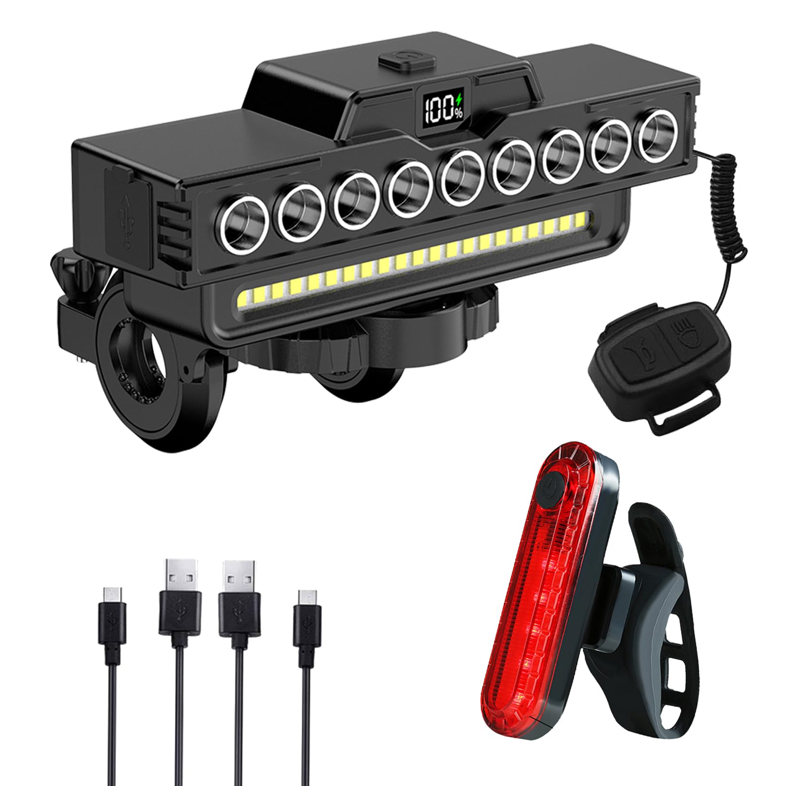 Rechargeable Waterproof Bicycle Headlight with Horn, 9 LEDs and 7 Modes, IPX5 Waterproof, Long Battery Life with Power Display, 