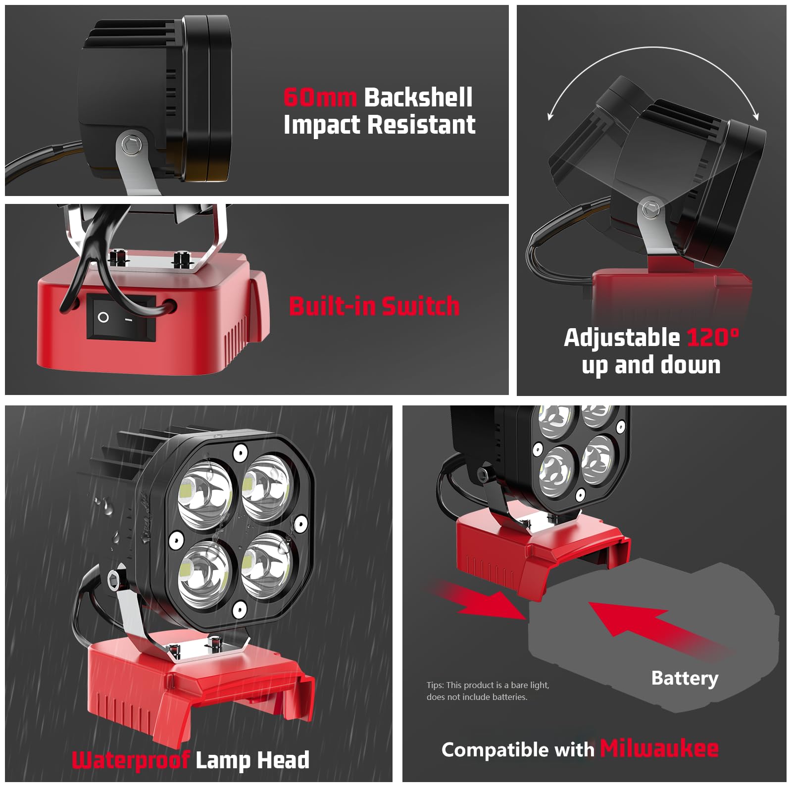 Mightrench 40W LED Work Light for Milwaukee 18V Battery - 6000LM, Portable, Adjustable 120°, Low Voltage Protection, Ideal for Camping & Repairing