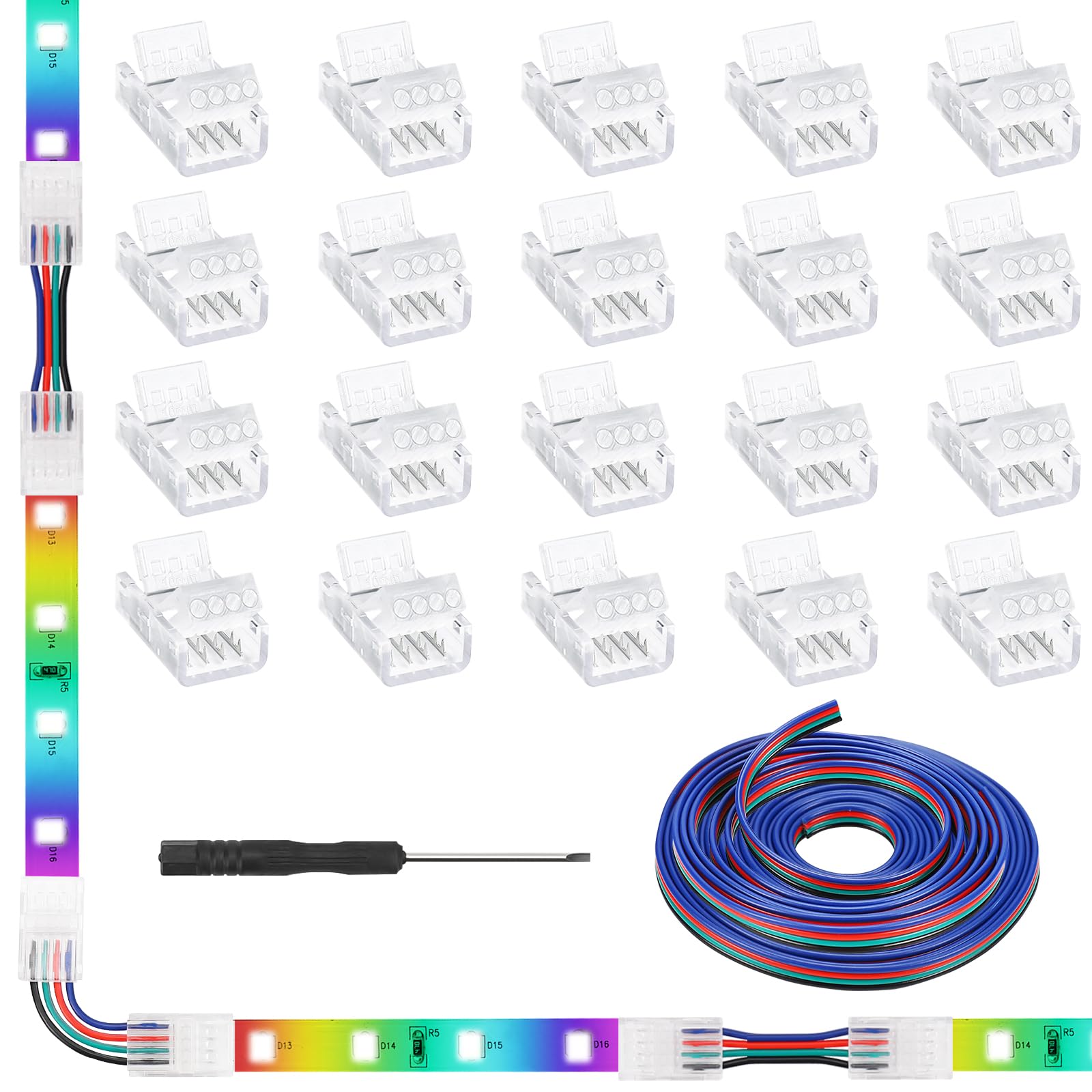 Precihw 20 Pack 4 Pin Led Strip Light Connectors 10 Mm, Solderless Transparent Track Lighting Connectors Led Pin Connector For 5050 Waterproof Rgb