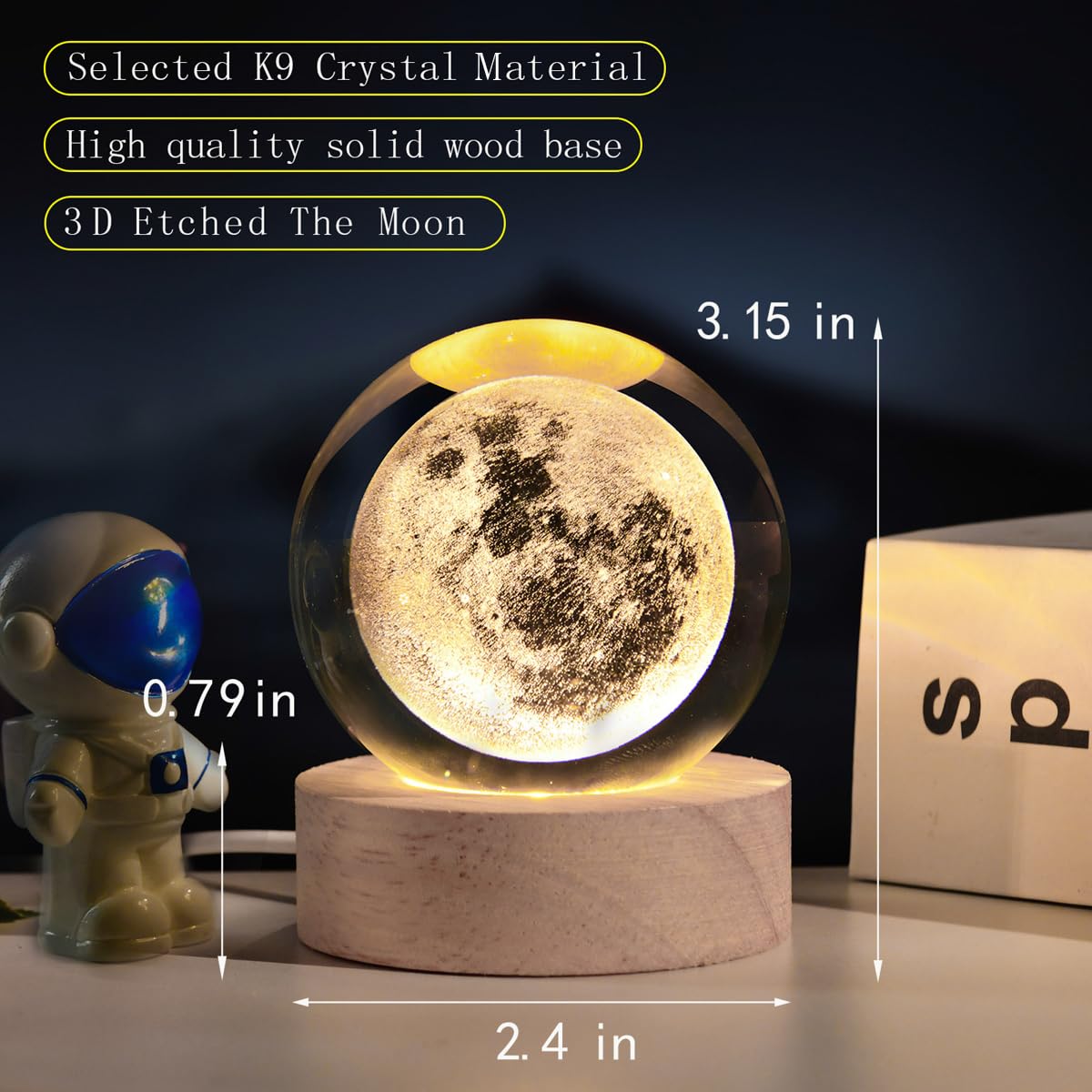 Qianchang 3D Moon Crystal Ball Night Light With Led Stand, Crystal Moon Figurine Lamp Decoration Glass Sphere Paperweight Decora