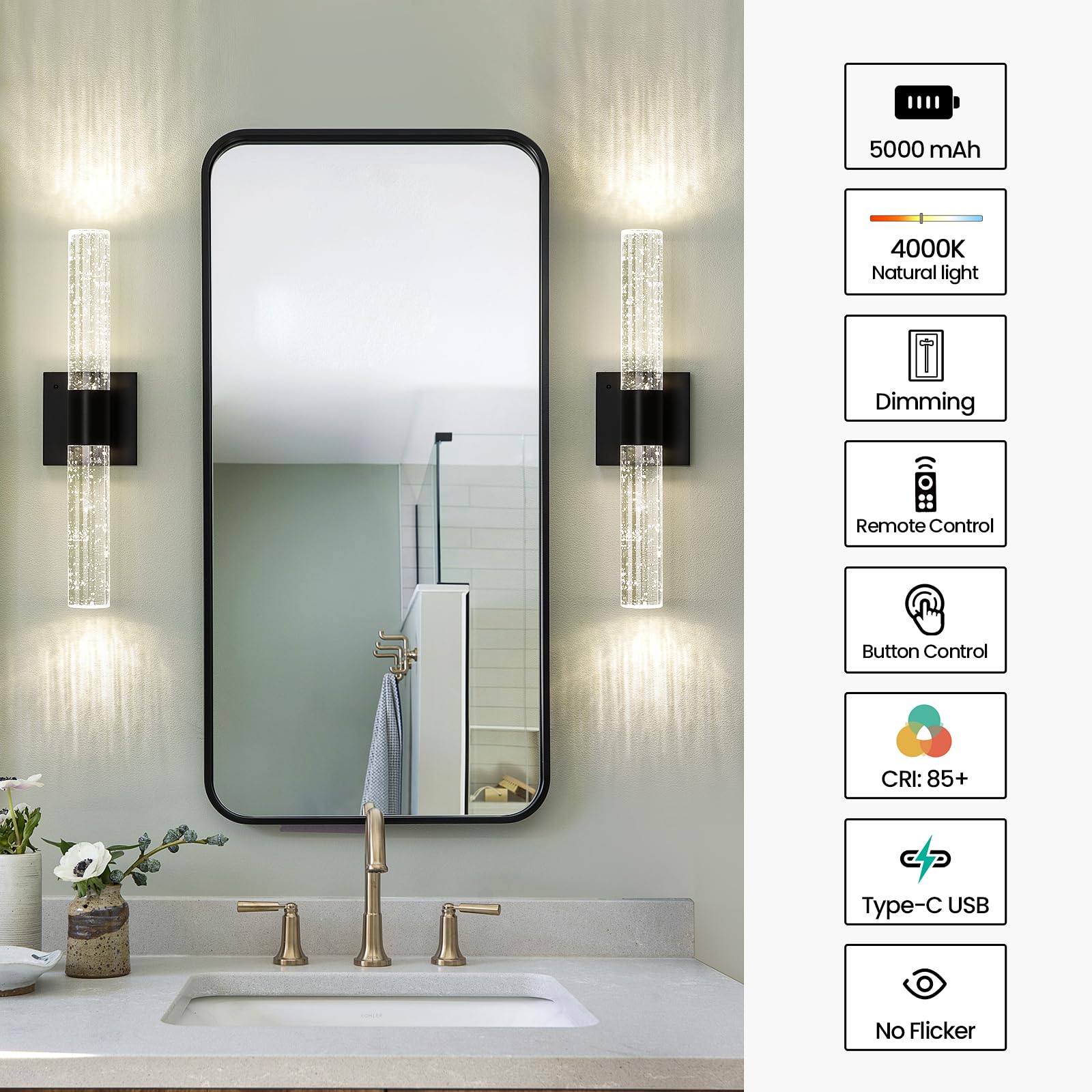 Ccycol Battery Operated Wireless Wall Sconces Set Of Two, Rechargeable Black Wall Sconce Set Of 2 With Remote Control, Modern Le