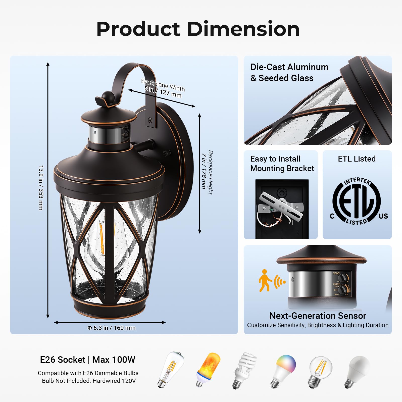 Vianis Motion Sensor Outdoor Porch Lights Wall Mount  2-Pack Modern Dusk To Dawn Exterior Lighting Fixtures  Oil Rubbed Bronze Gold Trim Wall Lanterns For Garage  Waterproof Coach Lights For House
