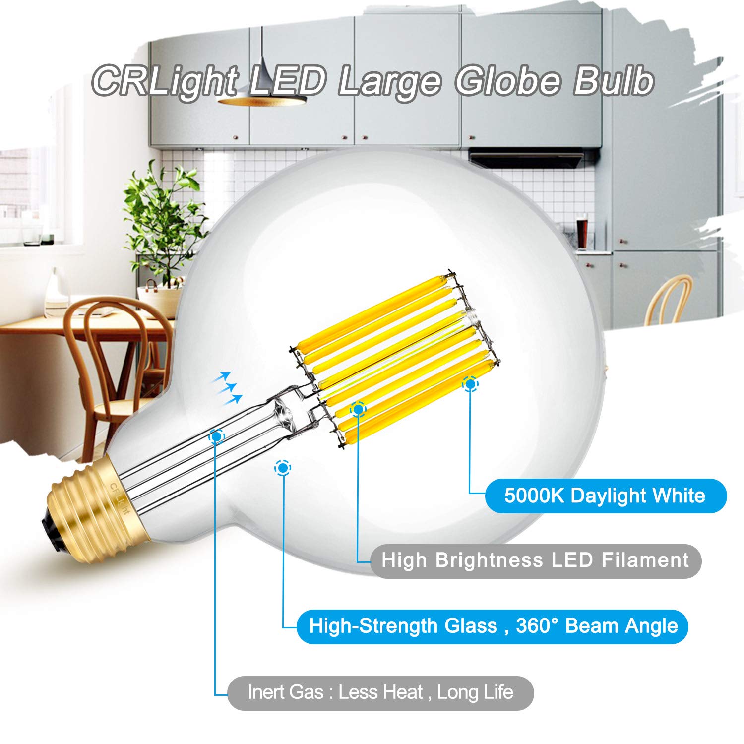 Crlight 12W Dimmable Led Globe Bulb, 5000K Daylight, 90W Equivalent, Antique Edison G