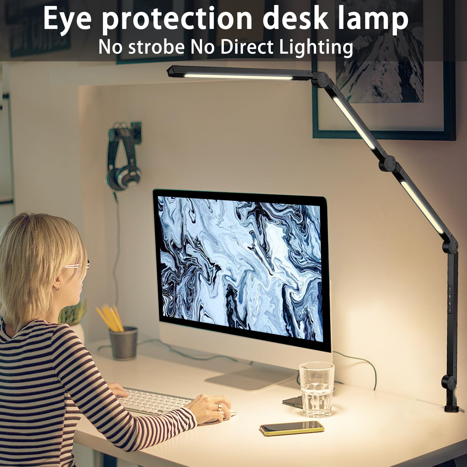 vimeepro LED Desk Lamp with Clamp, 4 Sections Swing Arm, 3 Light Sources, 4 Color Modes, 5 Brightness Levels, Black, Model vimeepro-TD