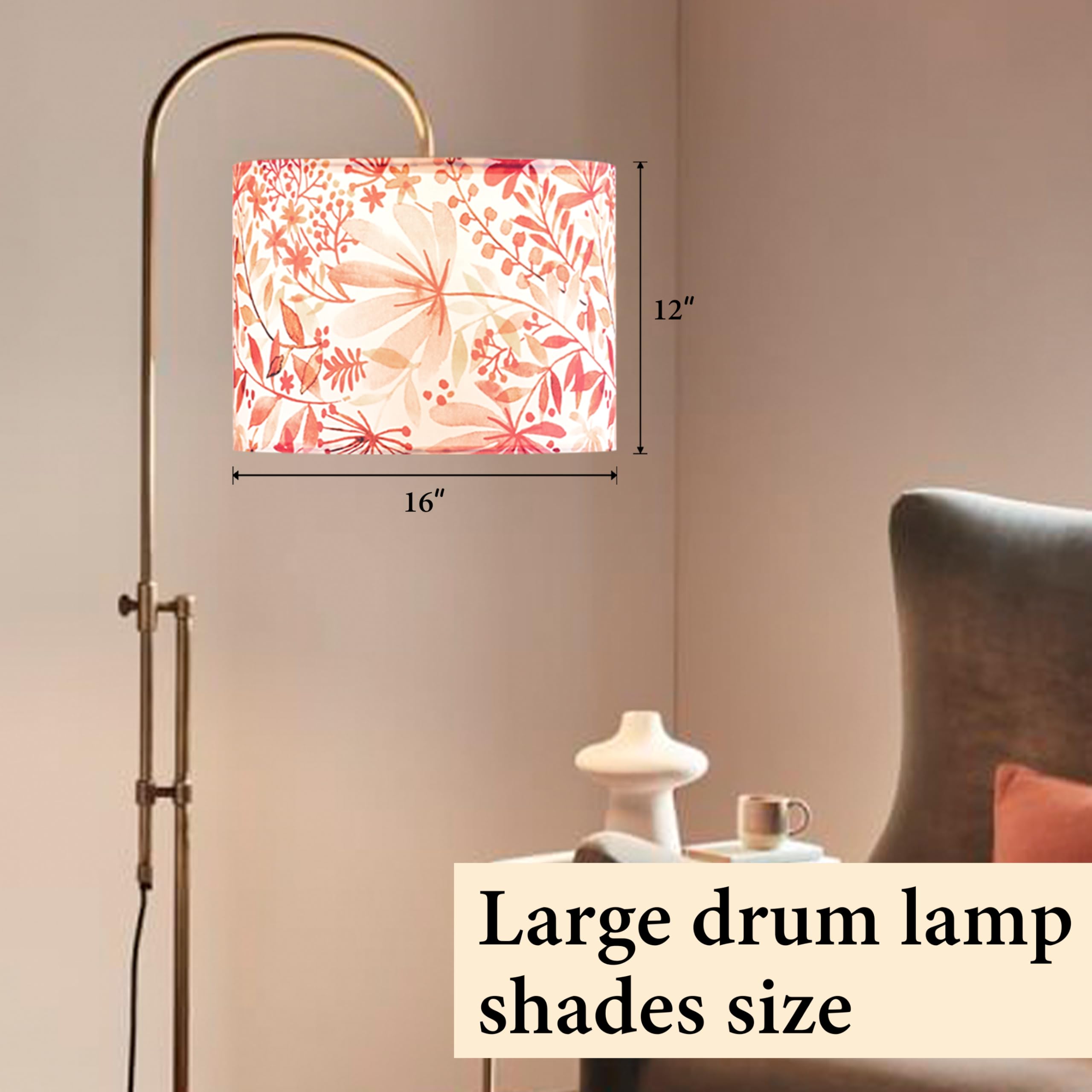 GO&SO Drum Lamp Shade, Red Leaf Pattern, 16inx16inx12in, Polyester Linen, E27 Base, Model G5-17-8DZT-1, Ideal for Table/F