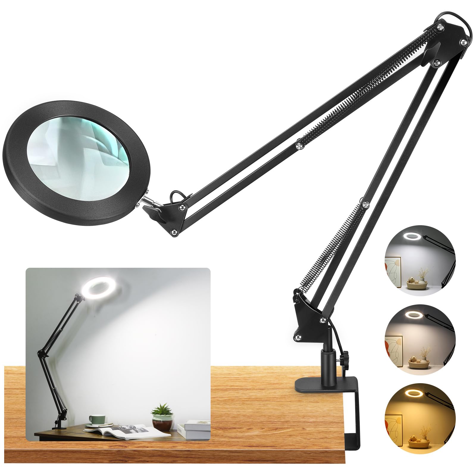 Tomsoo 10X Magnifying Glass With Light, Dimmable Led Desk Lamp, Hands-Free Clamp, Black
