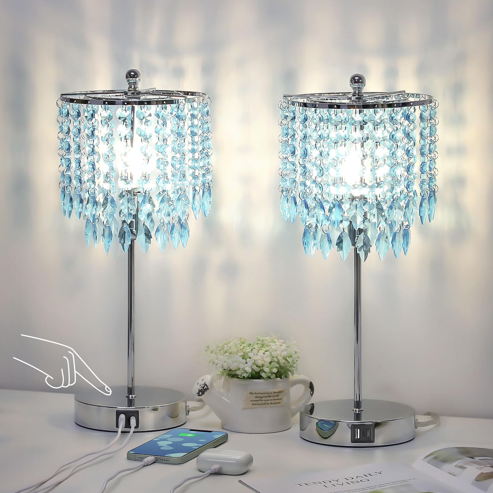 Boncoo Crystal Table Lamp, Teal Shade, Touch Control, 3-Way Dimmable, Metal, Dual USB Ports, LED Bulb Included
