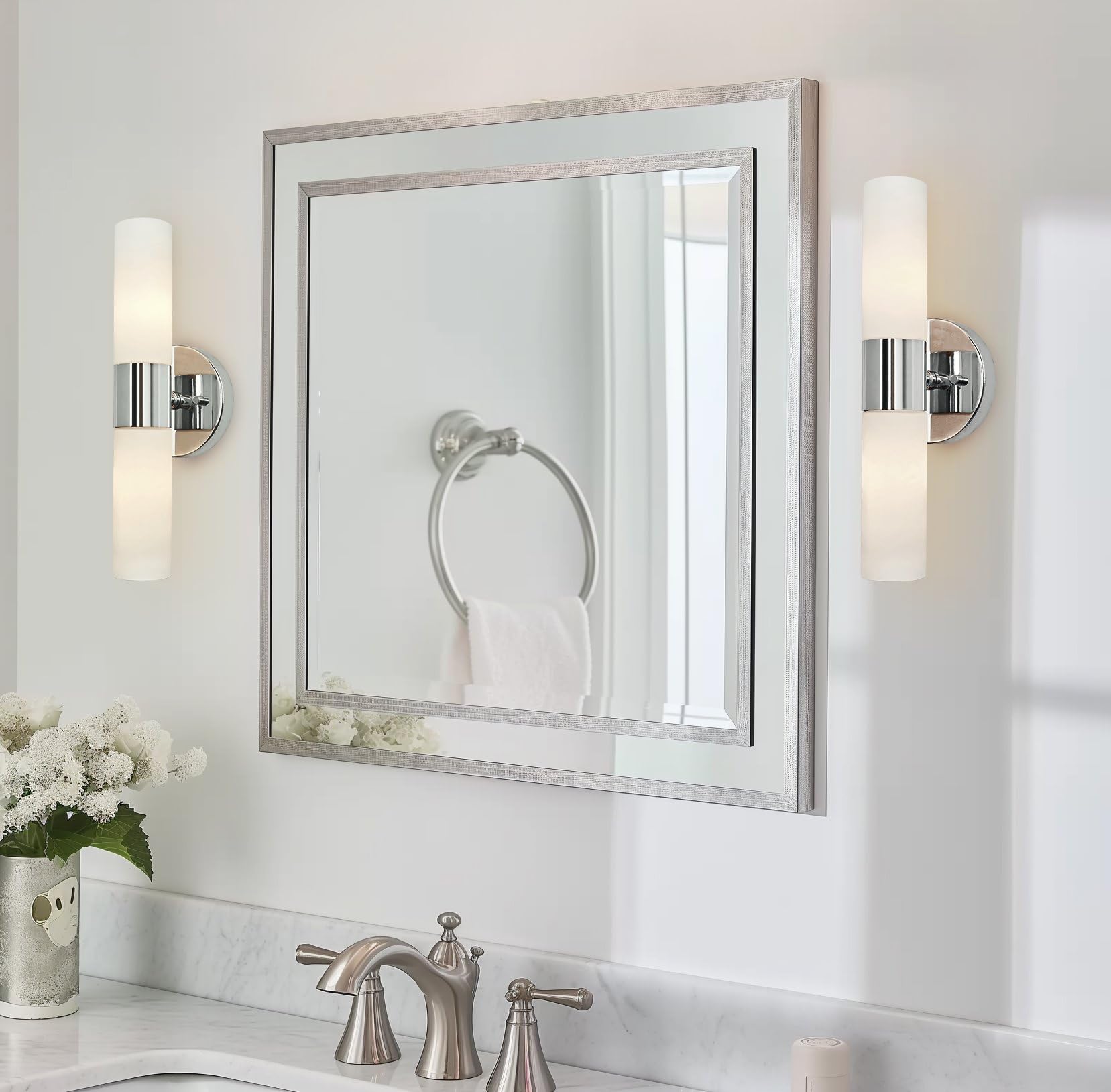 Kira Home Duo Modern Wall Sconce, Frosted Glass Shades, 14in, Chrome Finish, Model RV-W131-1747-14-CH