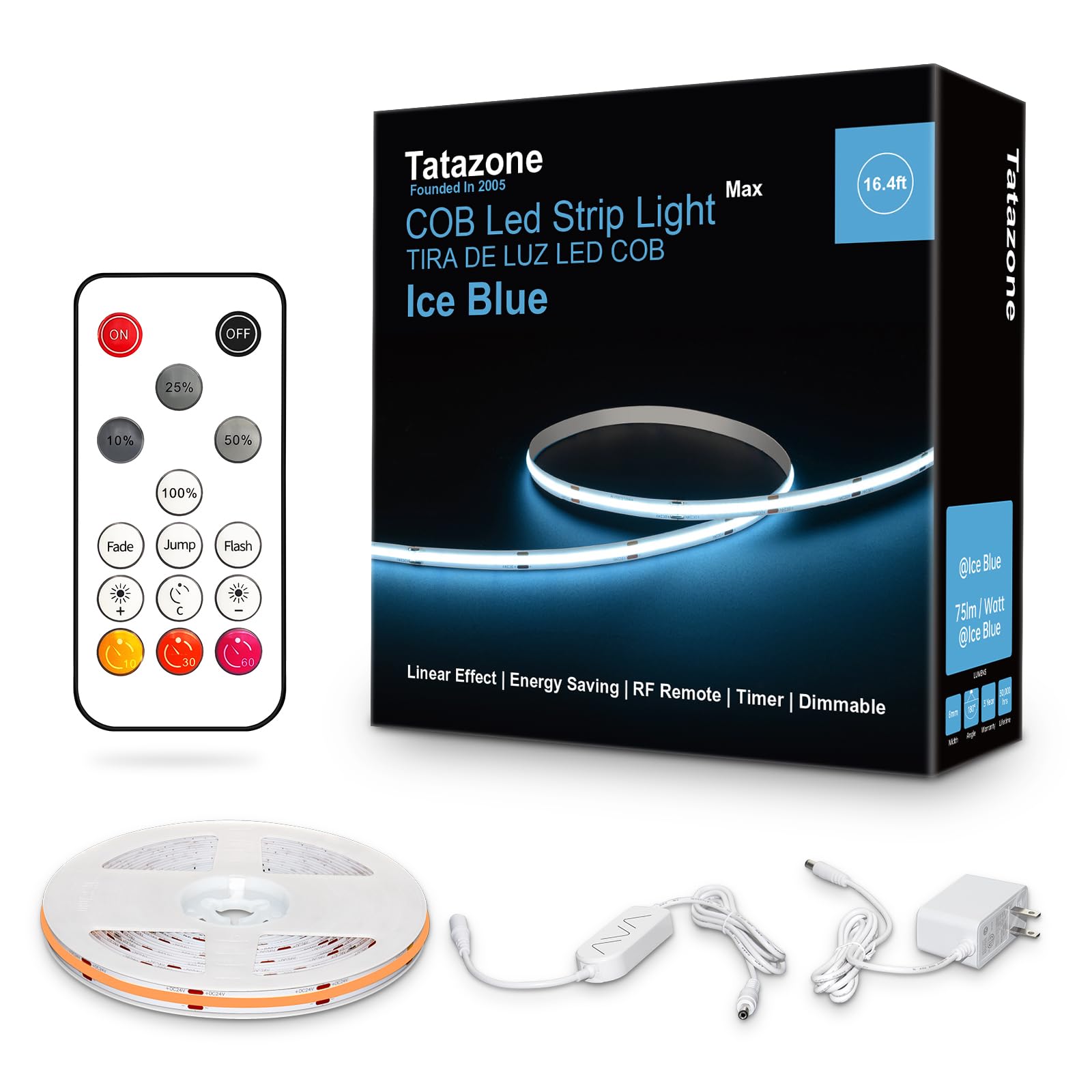 Tatazone 16.4ft Ice Blue COB Led Strip Lights with RF Remote, Dimmable Bright Adhesive Indoor Led COB Light Strip for Cabinet, P