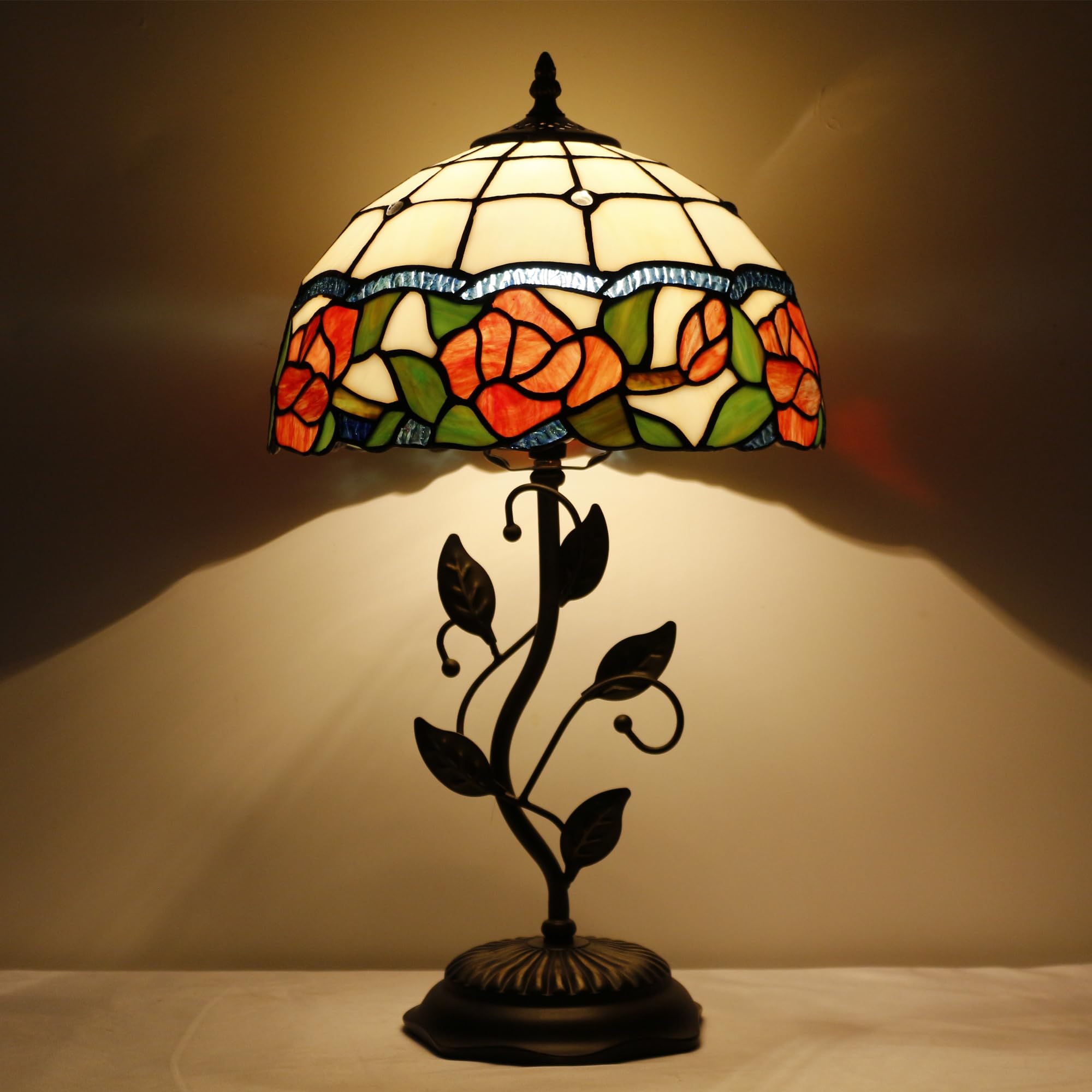 AVIVADIRECT Tiffany Lamp Rose Flower Style Stained Glass Table Lamp Desk Bedside Reading Light 12X12X19 Inches with Metal Leaf B