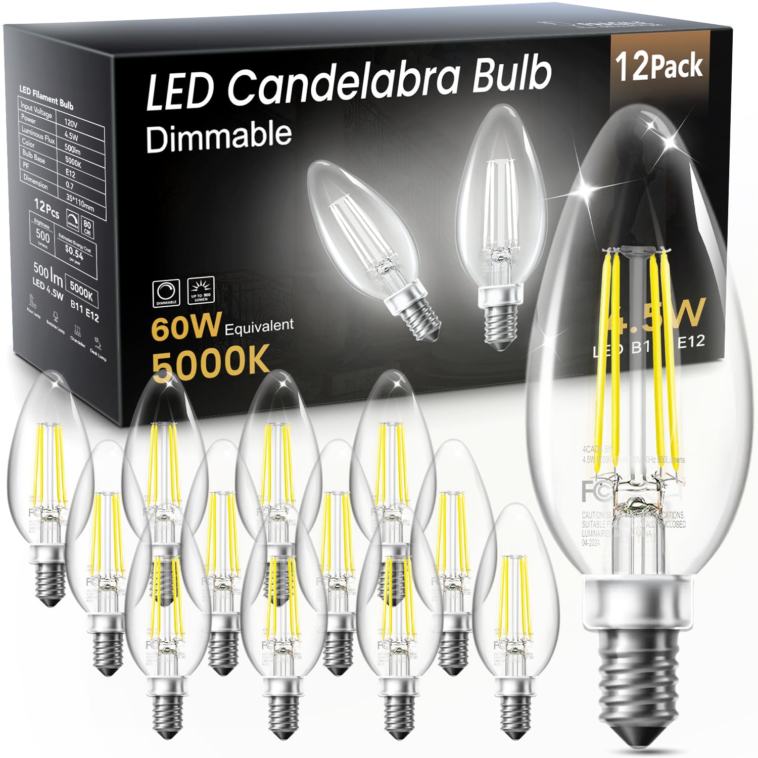 Tjoy Led Candelabra Bulbs Dimmable, 60W Equivalent Chandelier Light Bulbs, 4.5W 5000K Daylight, 500Lm, E12 Base, B11 Vintage Led
