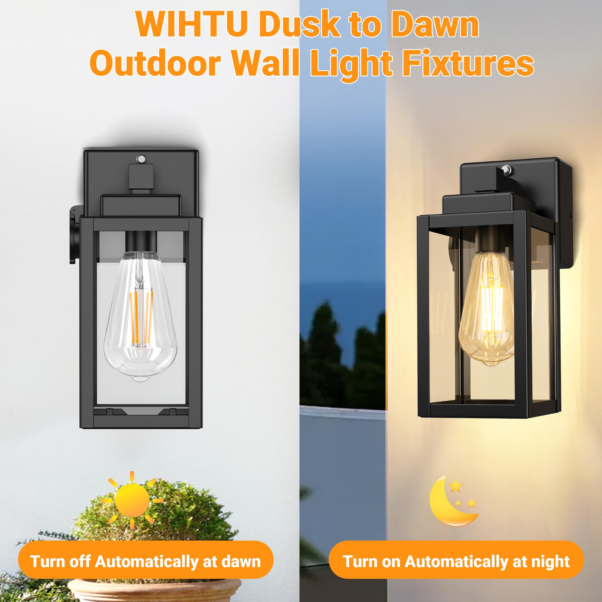 WIHTU Outdoor Wall Light Fixtures, Dusk to Dawn Sconce, 2-Pack, Black Aluminum, Model WTWL204AB2
