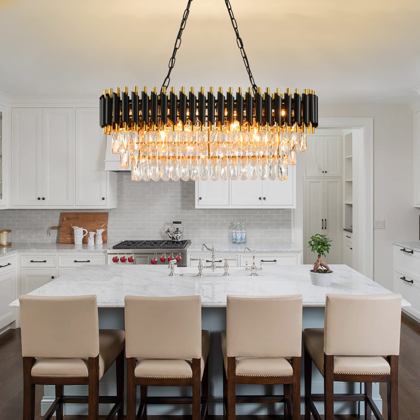 Akdxirun Modern Crystal Chandeliers For Dining Room 8-Light Black And Gold Chandelier Living Room Oval Contemporary Ceiling Hang