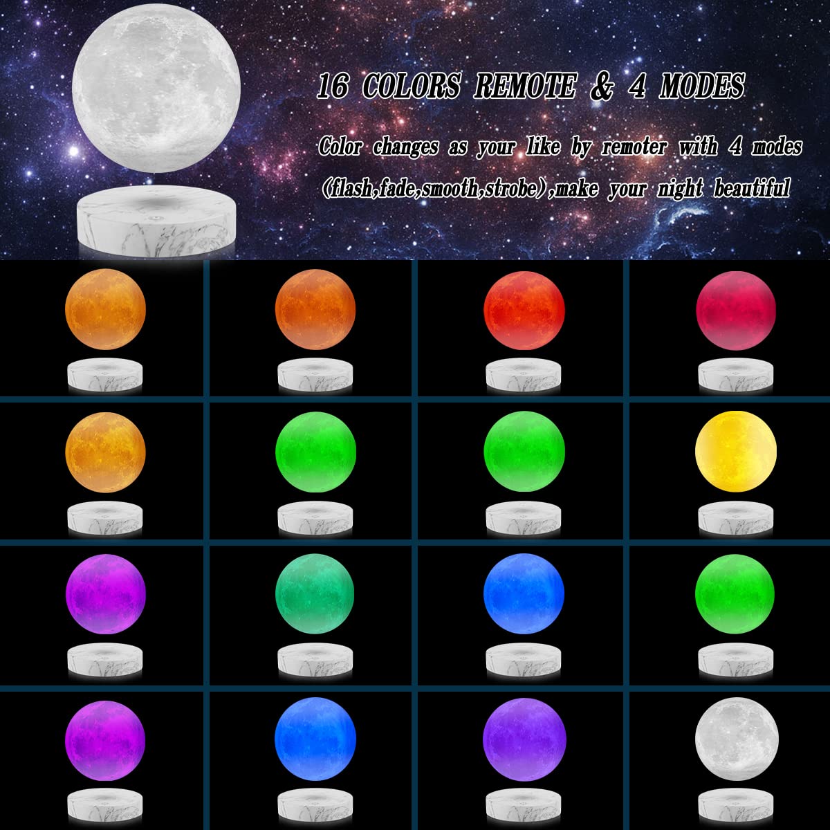 VGAzer Levitating Moon Lamp, 3D Printed LED, 20 Modes, Marble Base, 16 Colors, Unique Gifts, Room Decor, Night Light, Desk Toy