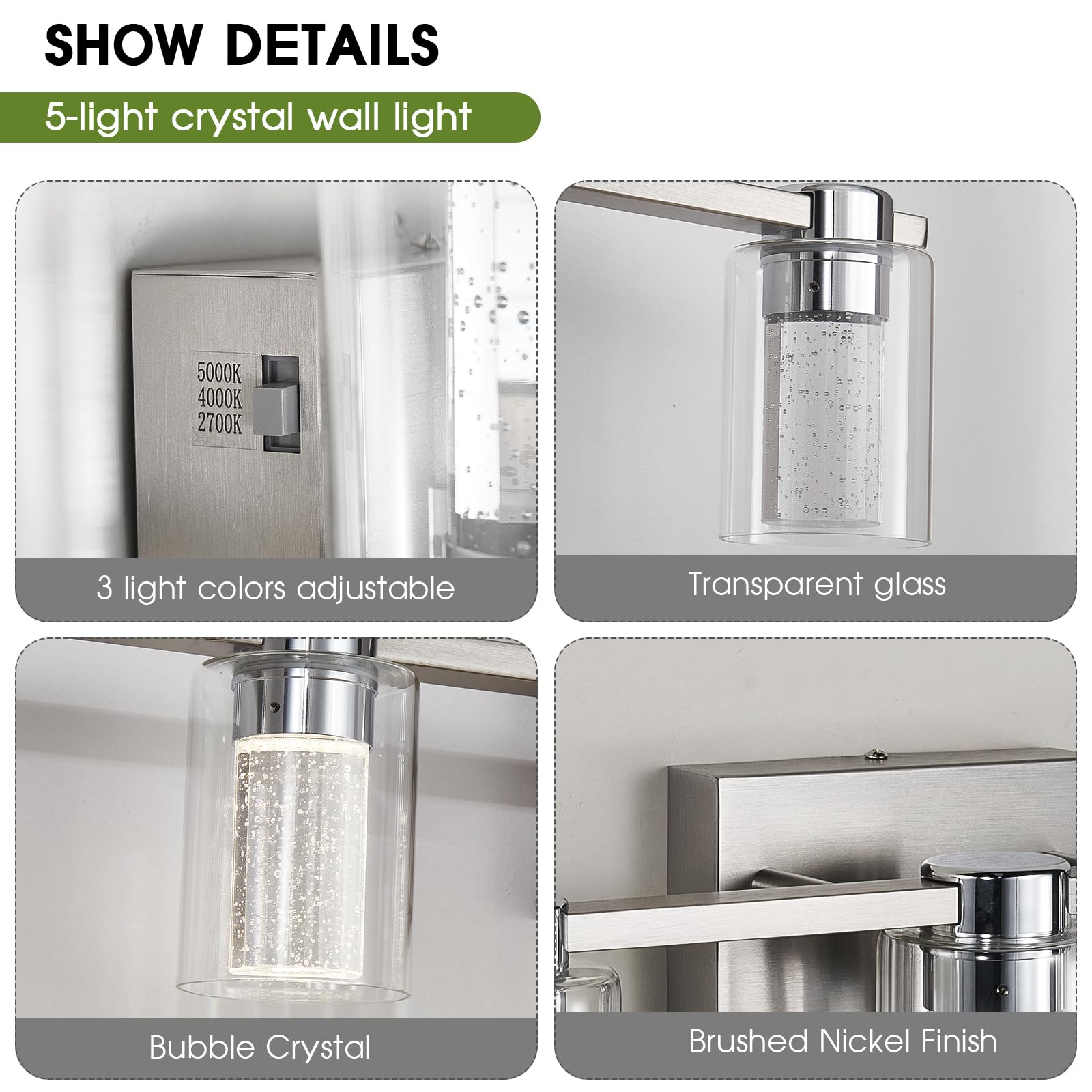 Zhizenl 5-Light Bathroom Light Fixtures, Brushed Nickel Vanity Lights, Dimmable LED Bathroom Vanity Light Over Mirror, Modern Cr