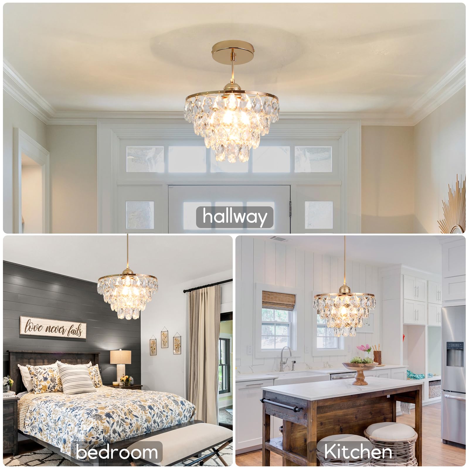 Luupyia Rose Gold Crystal Pendant Light Chandelier, 47.24" Adjustable Height, Modern Hanging Fixture for Hallway & Bedroom, Model EL00146