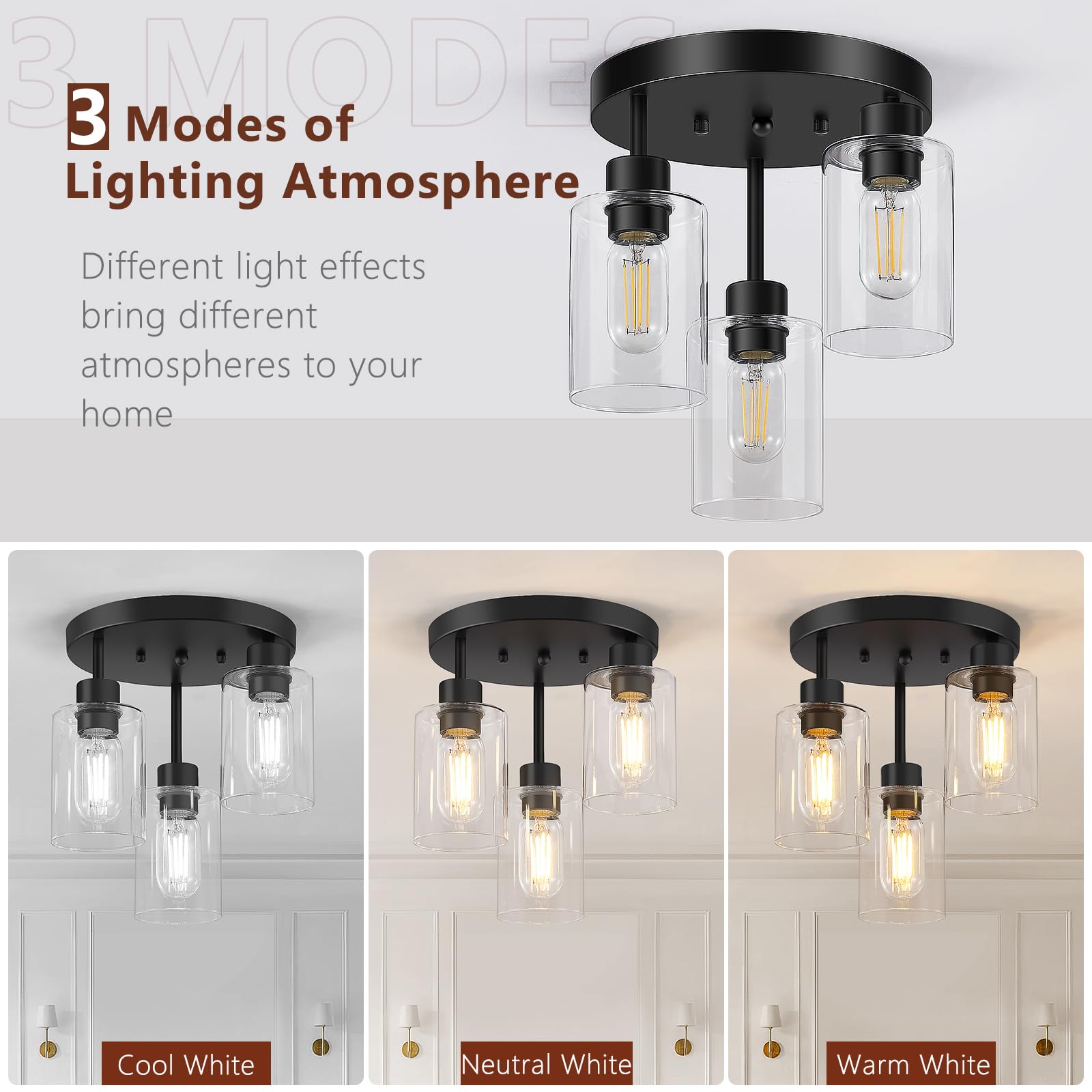 Feanron Black 3-Light Farmhouse Flush Mount Ceiling Light With Clear Glass Shades For Kitchen & Foyer
