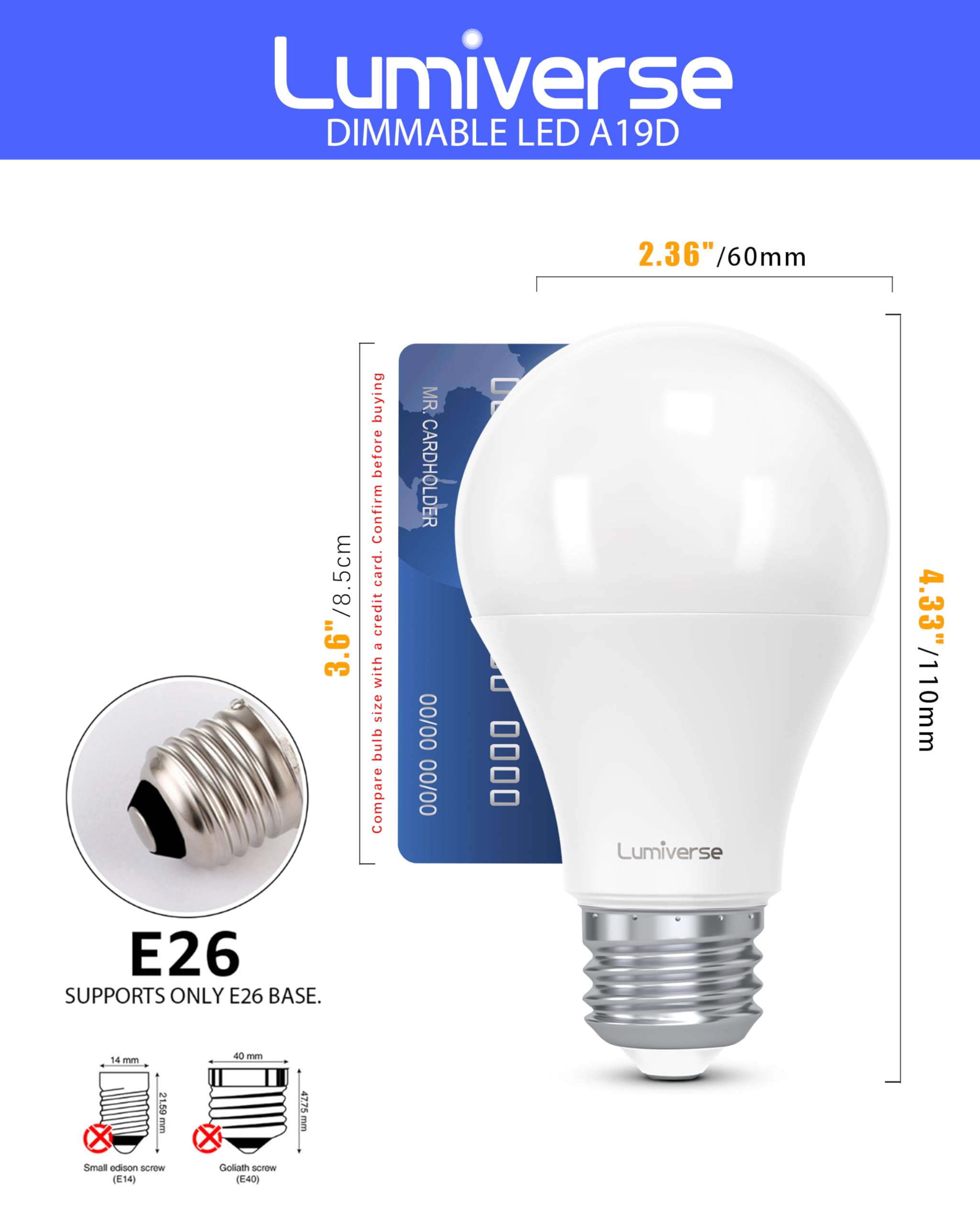 Lumiverse A19 Led Light Bulbs, Dimmable, 5000K Daylight White, 9.5W, 60W Equivalent, E26 Base, Ul Listed, 12 Pack