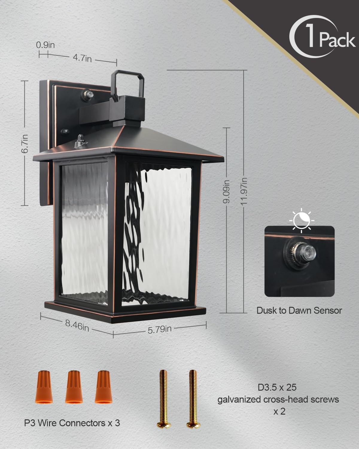 ZILLSEA Dusk to Dawn Outdoor Wall Light, 12'' Oil Rubbed Bronze Sconce with Water Ripple Glass, Hardwired Aluminum, Model A0501Q1