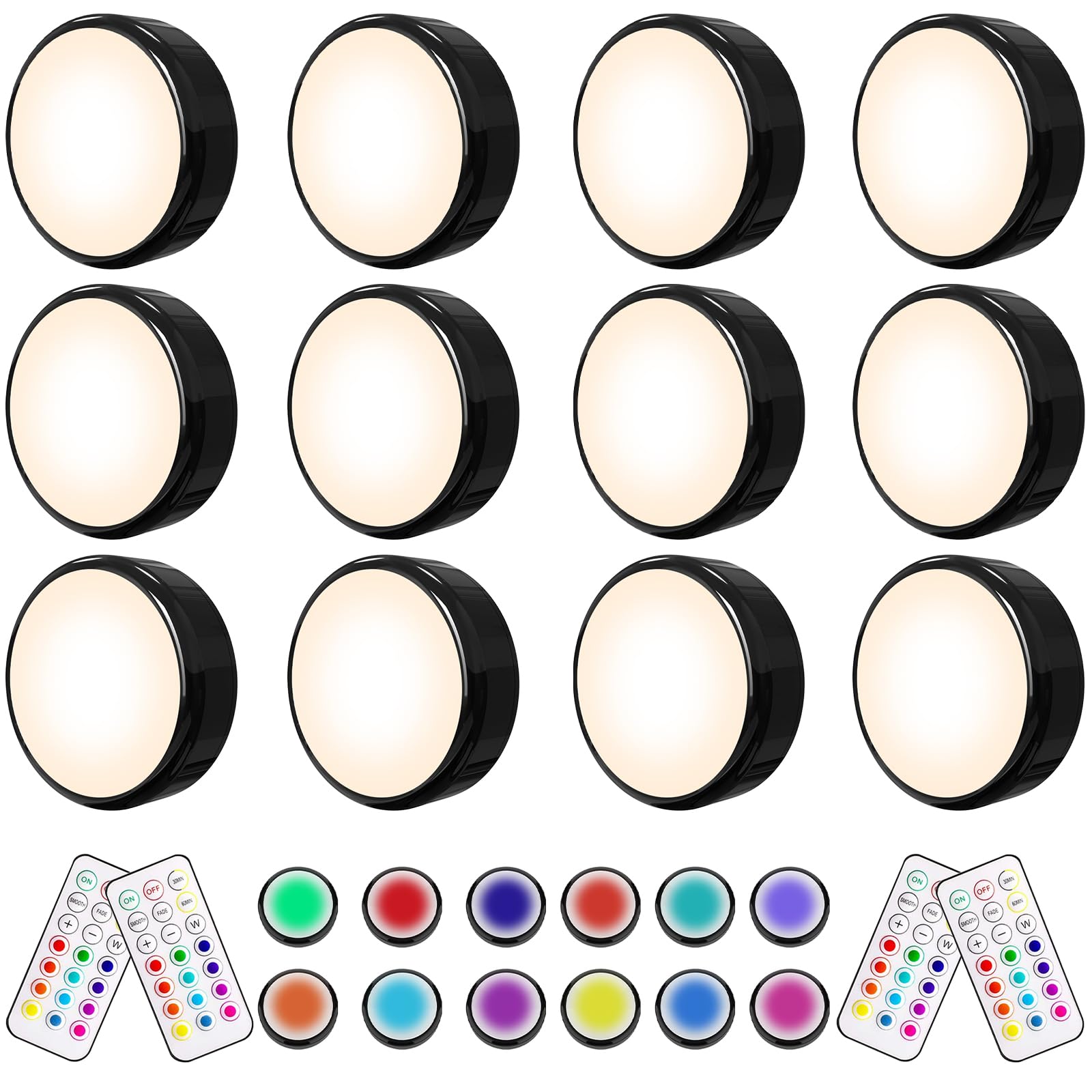 Helplex Puck Lights With Remote, 12 Pack Led Battery Operated Lights, Dimmable Under Cabinet Lights, Push Light, Stick On Light,