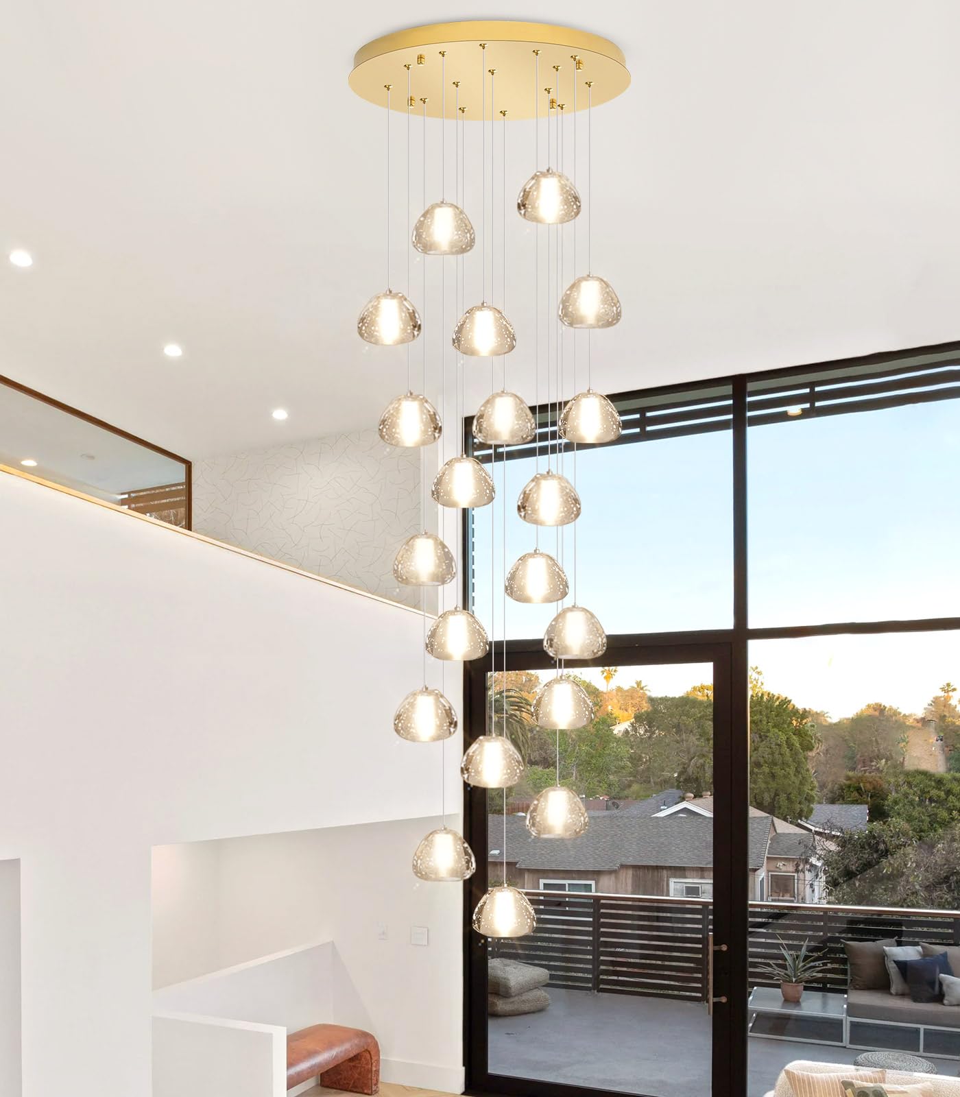 dolria Gold Crystal Chandelier - 157" Adjustable Ceiling Light, 20-Lights Round, LED for Living Room, Hallway, Entryway - Model PC0010-20G