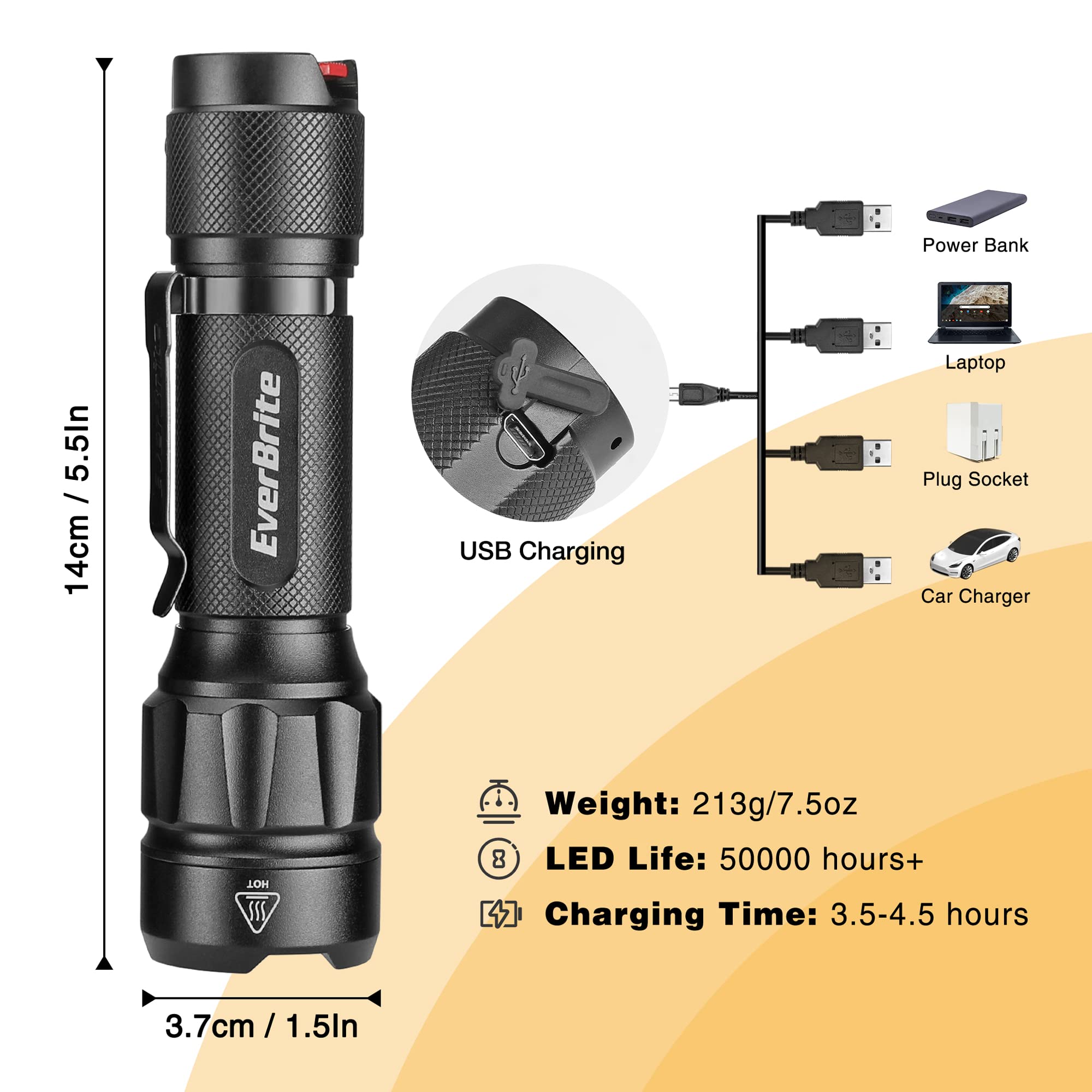EverBrite LED Tactical Flashlight 750 Lumens Rechargeable 6 Modes Aluminum Black E011153