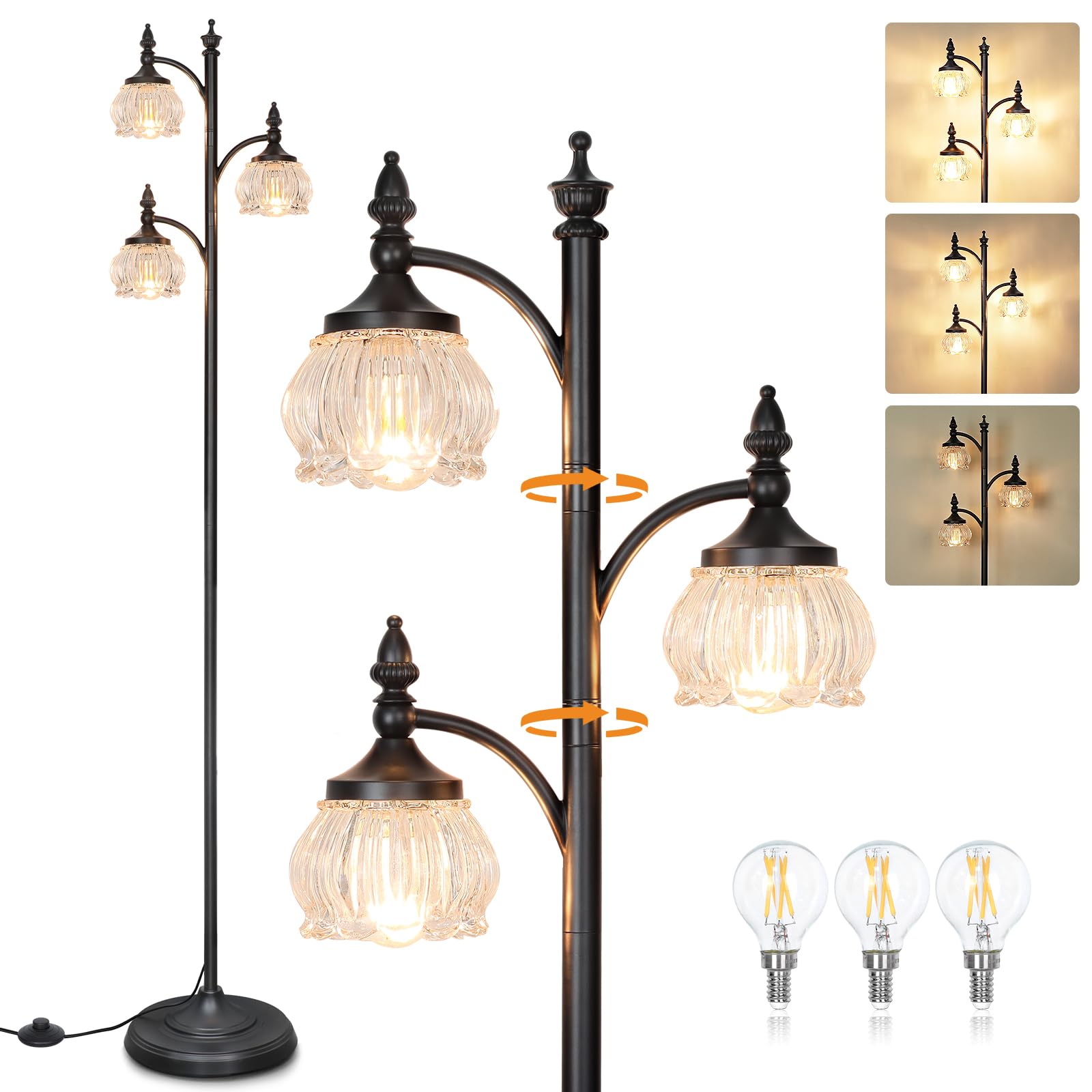 JUNNAI Black Standing Lamps for Living Room 66.5in Floor Lamps with Glass Shade 3 Way Brightness Lights Dimmable Modern Corner L