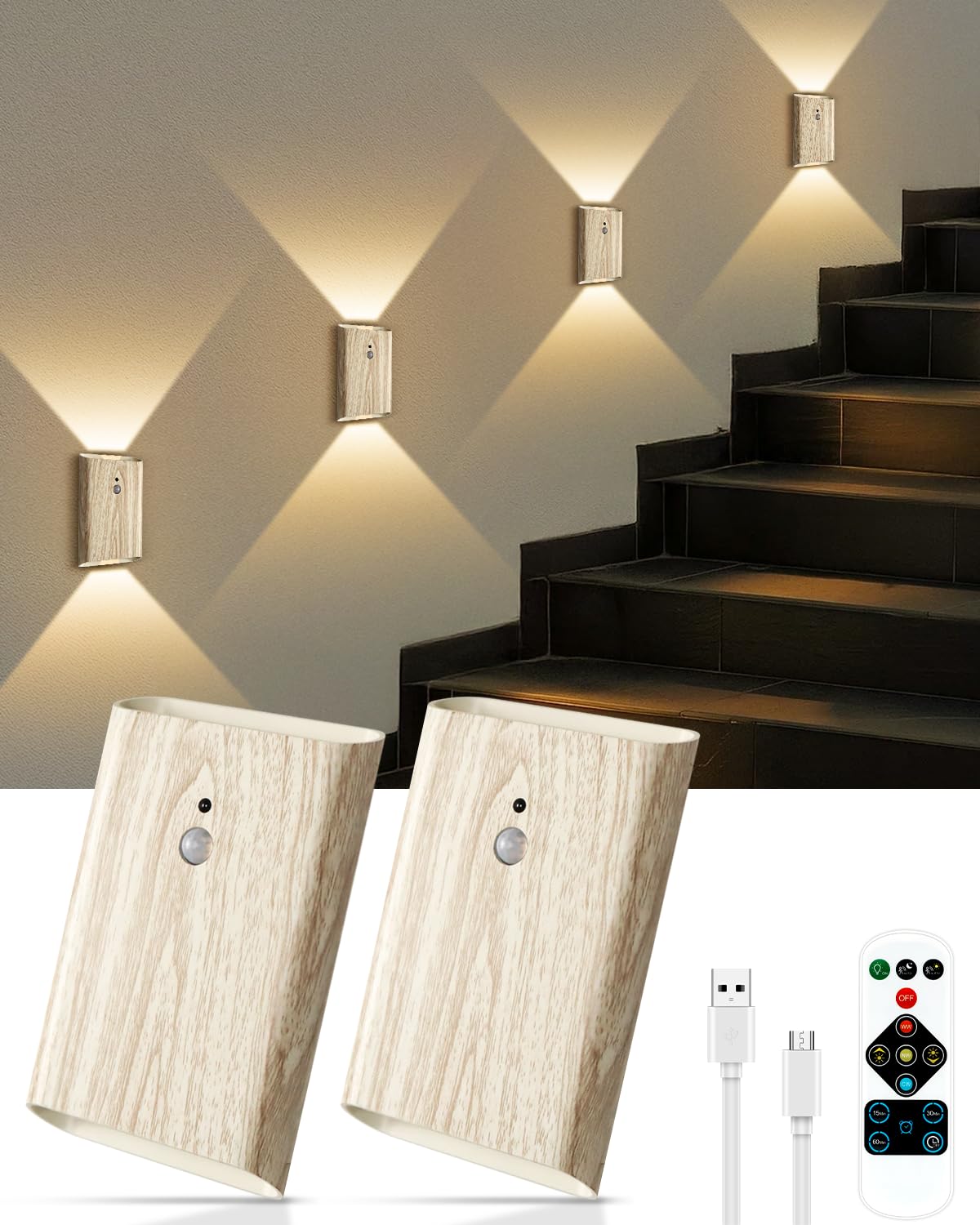Motion Sensor Wall Sconce with Remote - Rechargeable Battery Powered LED Wall Lamp, 3 Color Dimmable Up/Down Lighting Wireless I