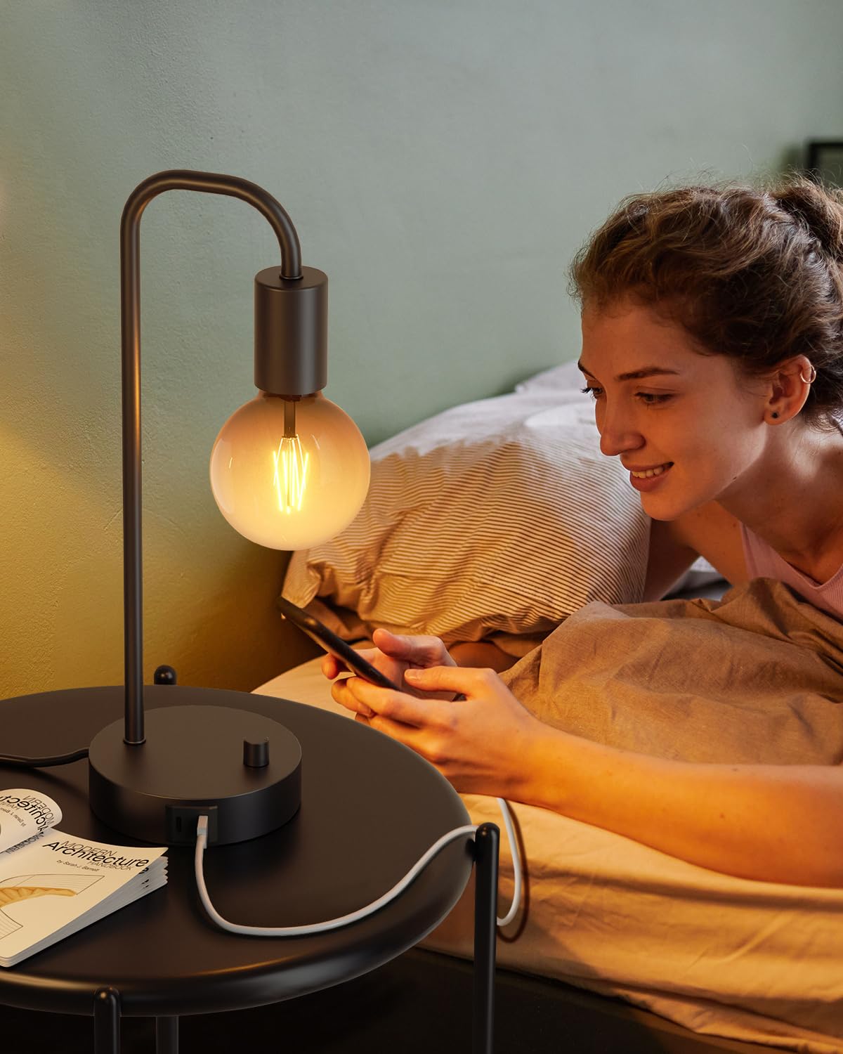 Onewish Industrial Table Lamp Set Of 2 With Usb C&A Charging Port, Stepless Dimmable Nightstand Bedside Lamps For Bedroom,Desk L