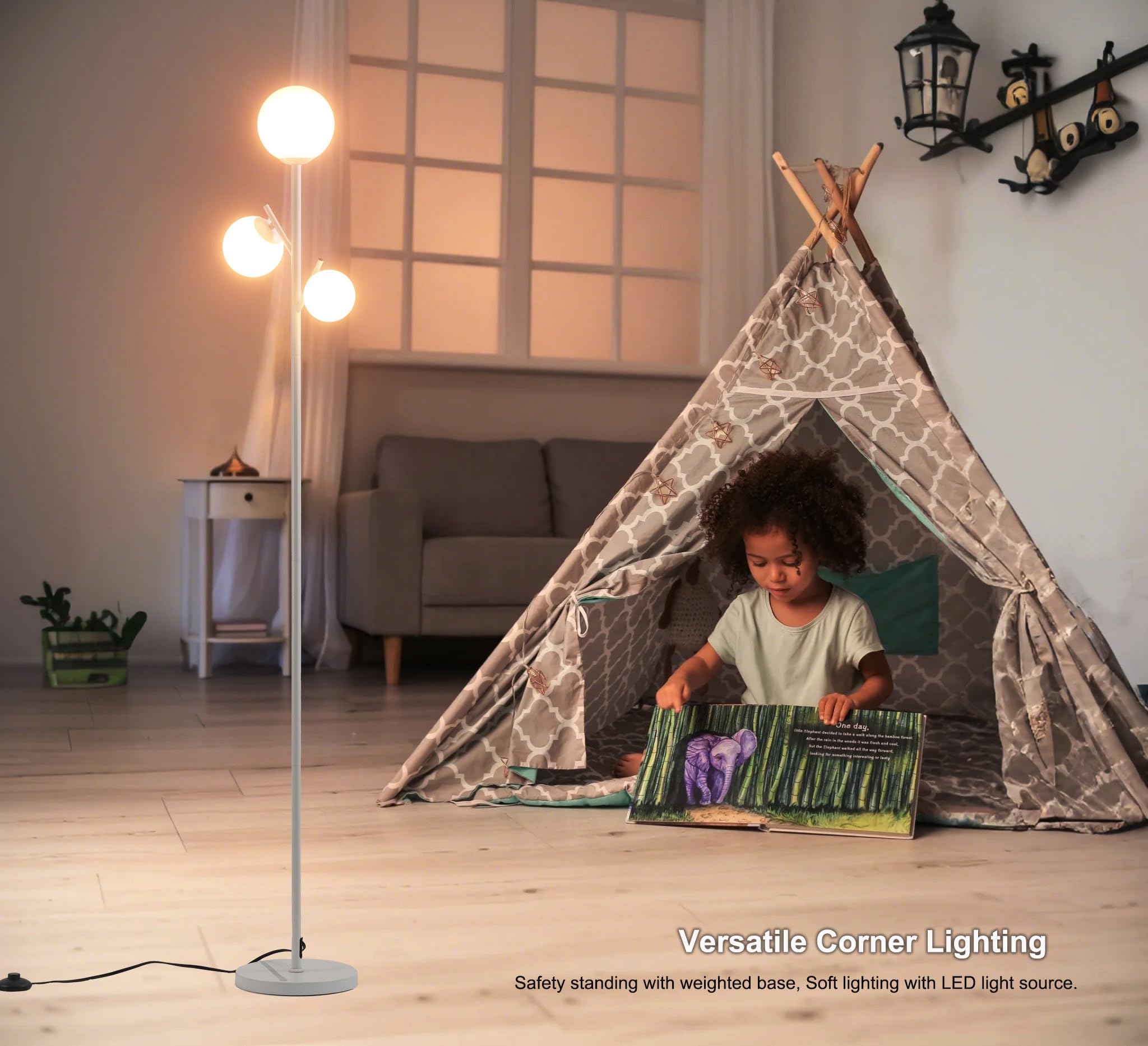 Fiqevs White Mid Century Floor Lamp - 3 Globe Led Tree Lamp For Living Room & Office