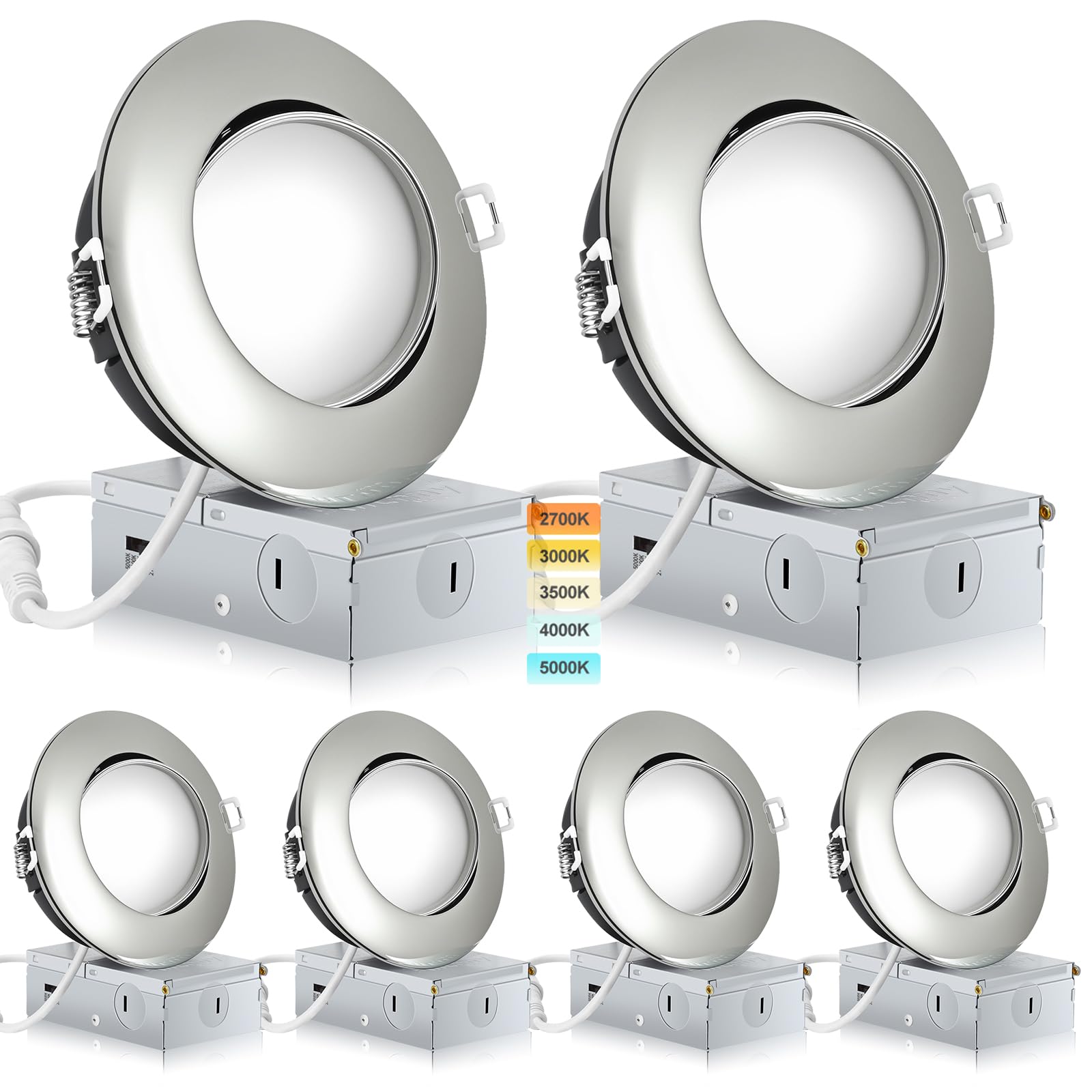KnLnny Ware Chrome 4 Inch Led Recessed Lights 6 Pack Ajustable Eyeball Gimbal Light 4 Inch Ceiling Light with Junction Box 5CCT Selectable 9W 750LM Dimmable ETL Listed