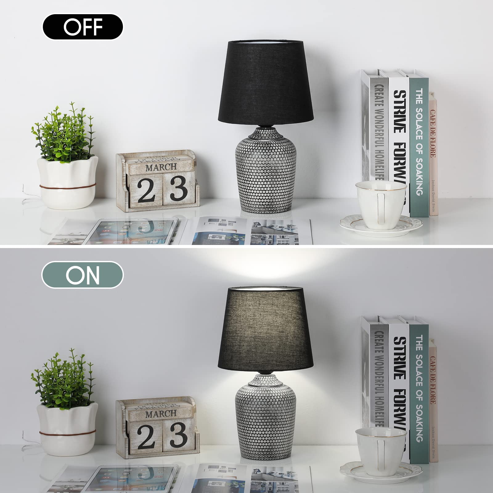 Sucolite Table Lamps Set of 2, 12in  Bedside Nightstand Lamps, Black & Grey, Porcelain & Metal, Model T0438 GY+BK