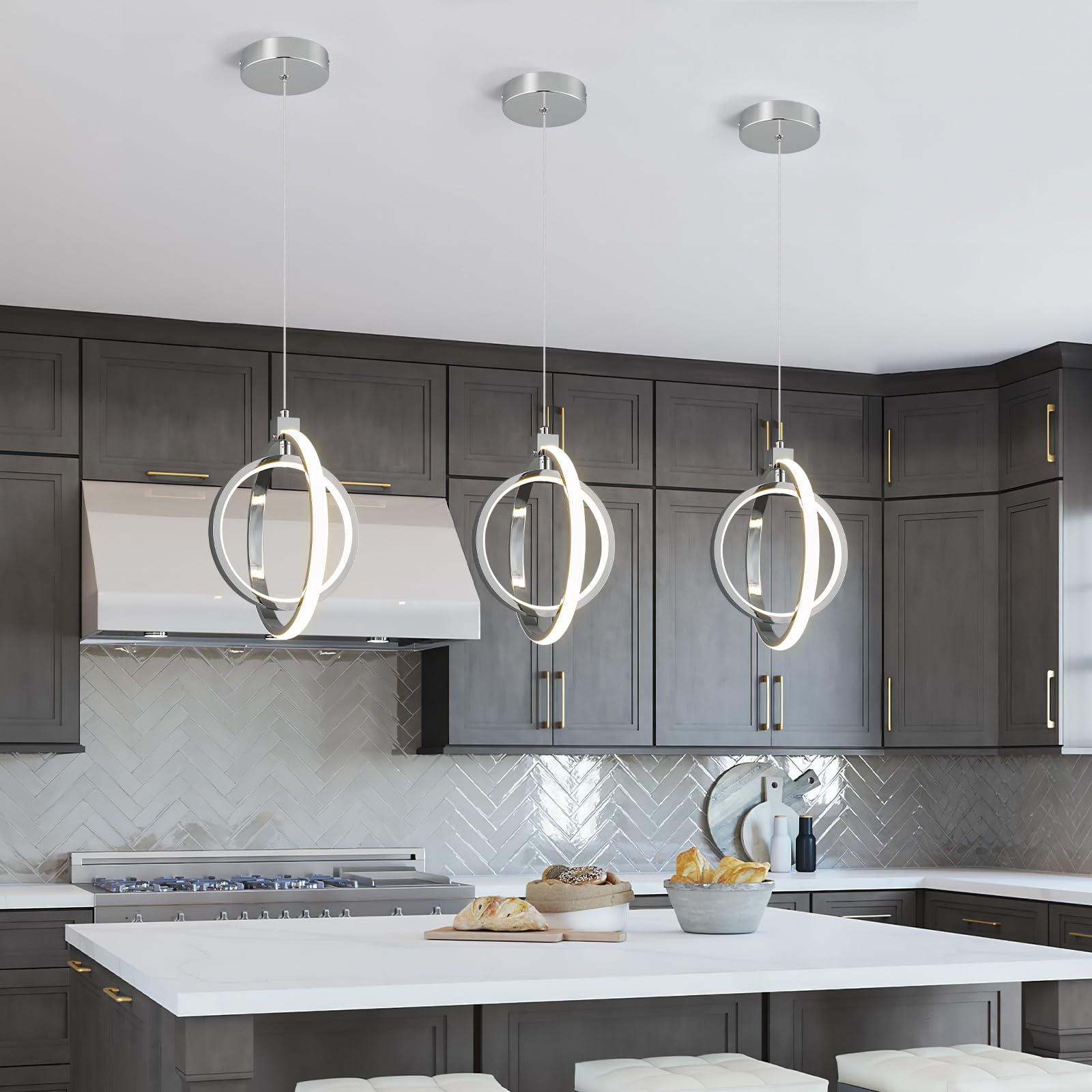 BNHHLZ Modern LED Chandelier Pendant Light Fixtures, 4000K Dimmable, Height Adjustable, Round 3-Pack, Chrome, Model 6016-Chrome-3Pack