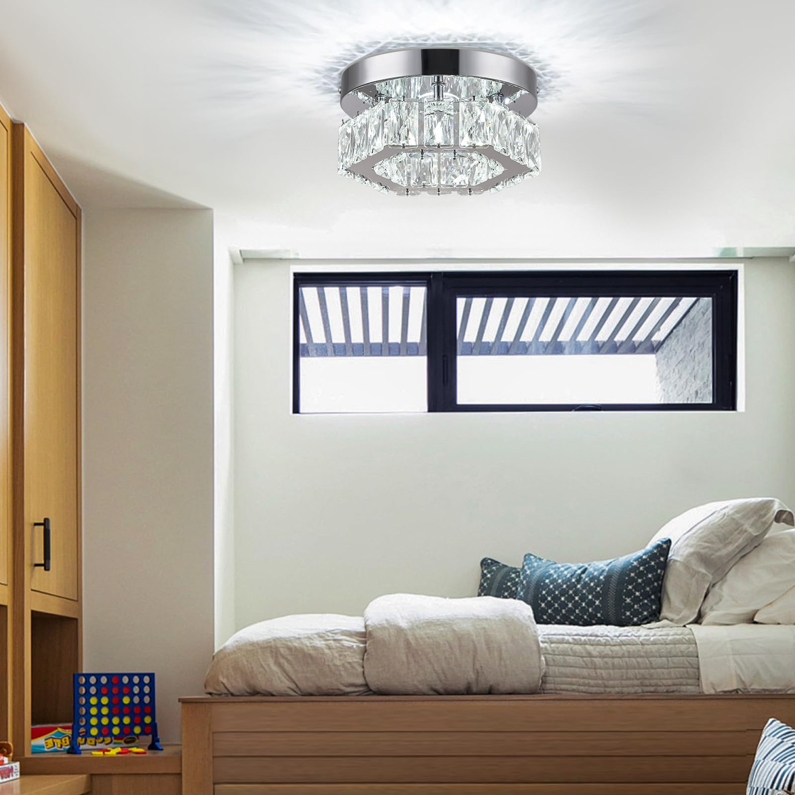 Leontyne Mini Modern Crystal Chandelier 7.9 Inch Hexagon Crystal Ceiling Light Flush Mount Led Chandeliers For Bedroom Kitchen F