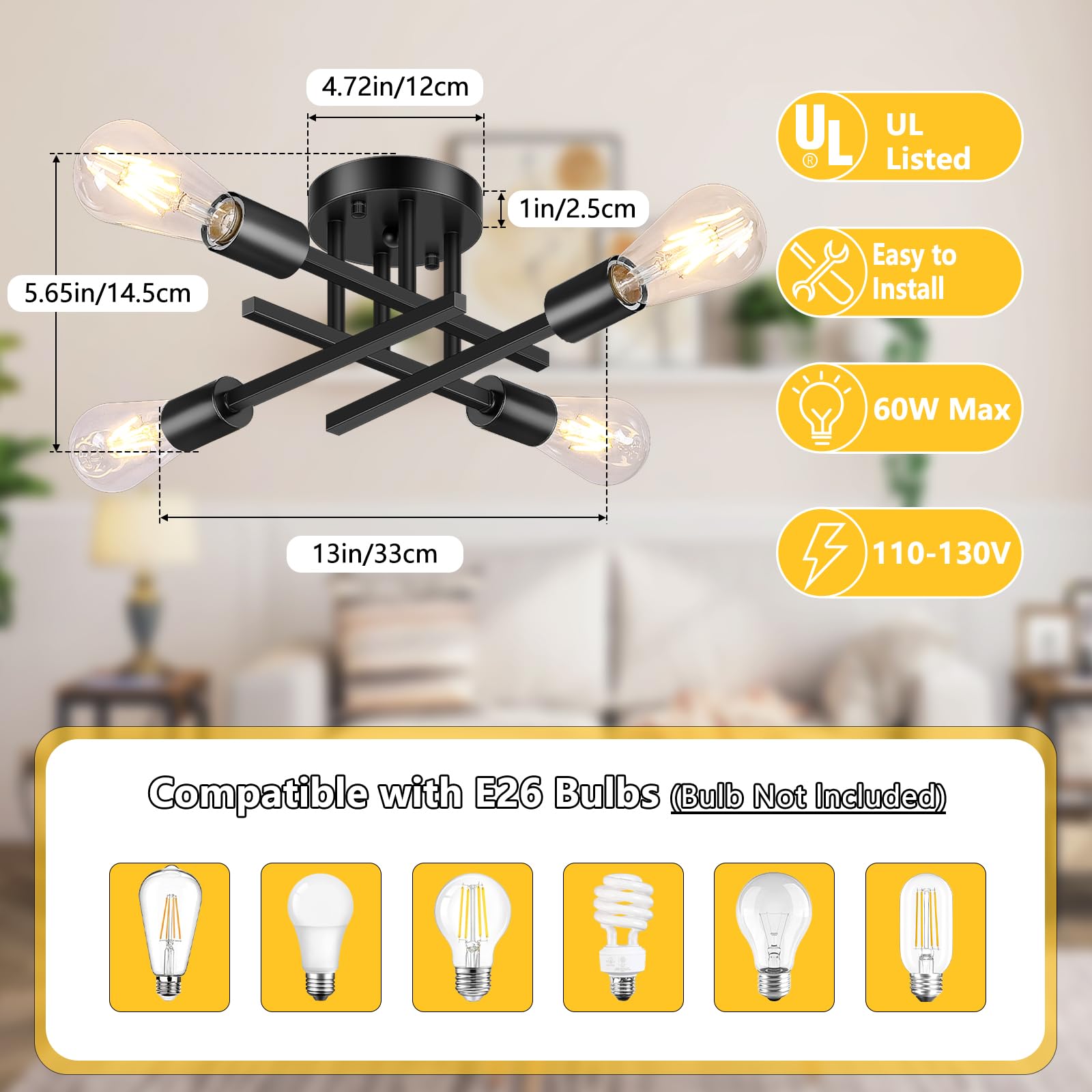 Asnxcju 4-Light Black Semi Flush Mount Ceiling Light Fixture for Kitchen, Entryway, Bedroom - Farmhouse Indoor Lighting (Bulb Not Included)